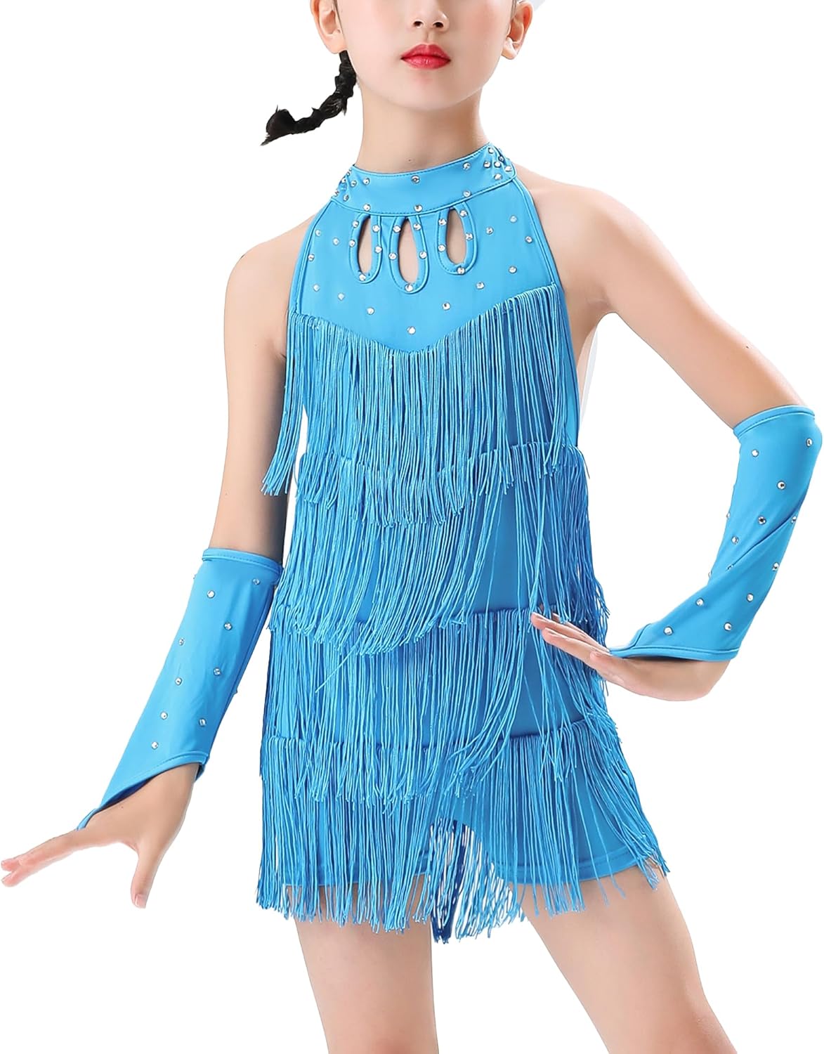 Happy Cherry Girls Latin Dance Outfits Rhinestones Tassel Halter Fringe Kids Ballroom Cha Cha Dance Dress