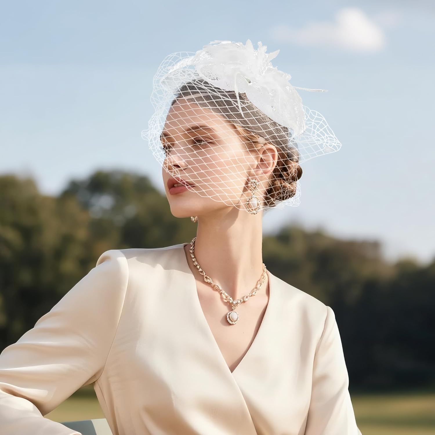 7Pcs Fascinators for Women,20s 50s Tea Party Fascinator Hats for Women,Feather Pearl Veil Tea Party Hats and Jewelry Set - Image 2