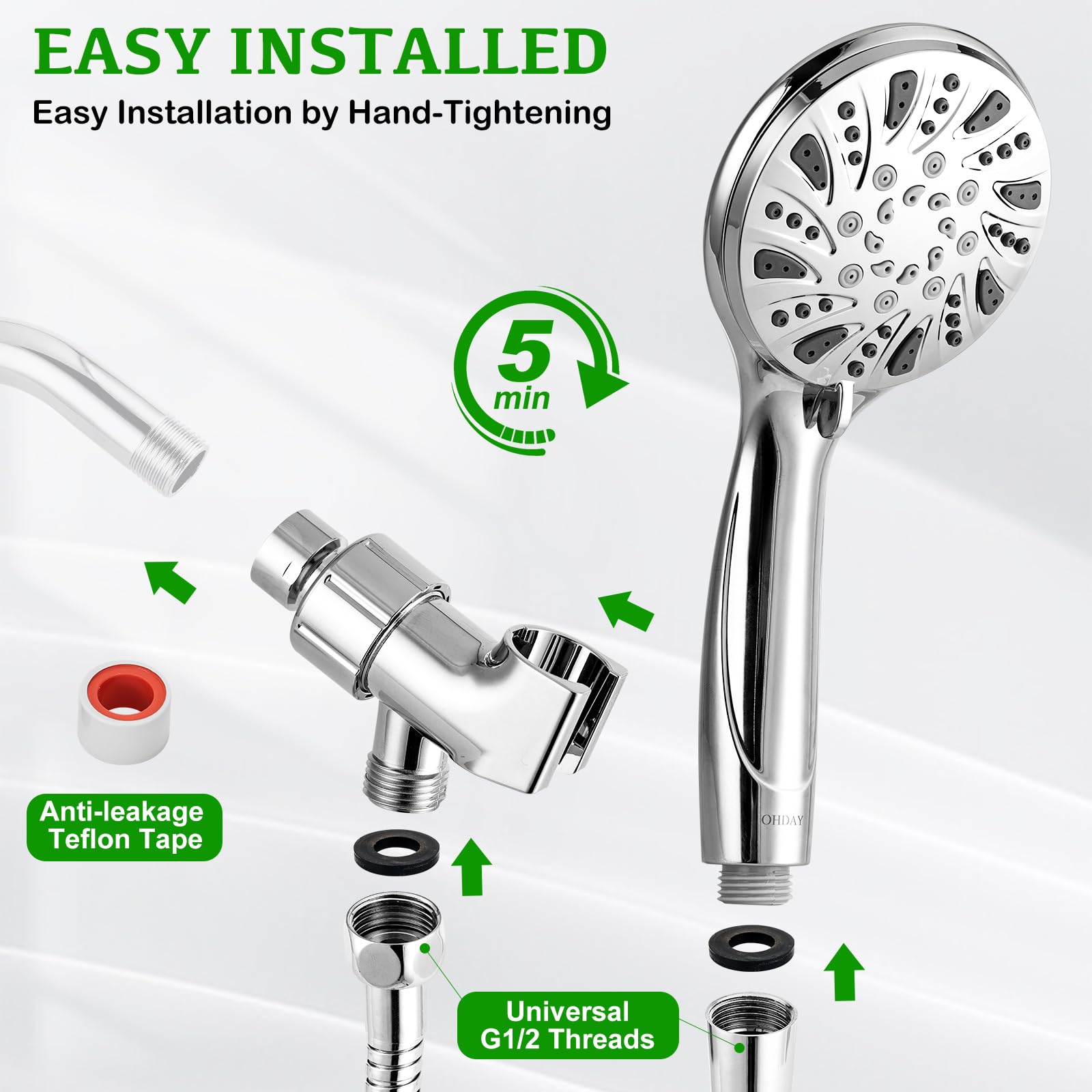 OHDAY® - Cabezal de ducha de alta presión con mano - Potente cabezal de ducha de 6 modos con manguera de acero inoxidable de 70 pulgadas, soporte ajustable y lavado a presión integrado para limpiar la