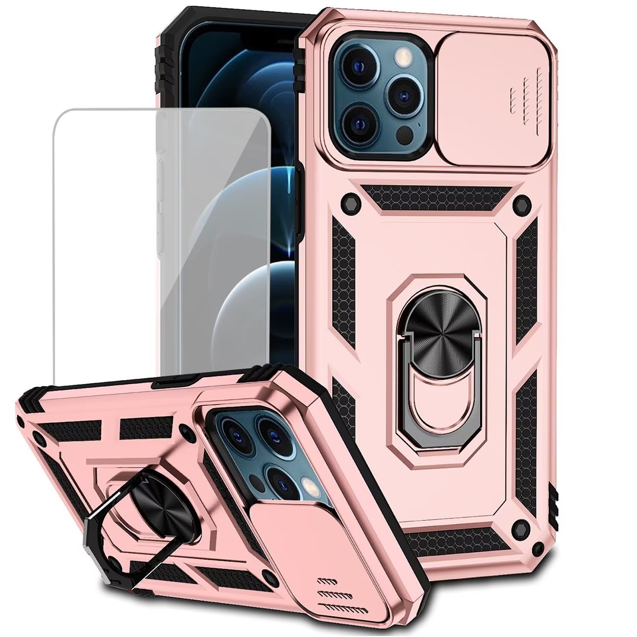 Yodueiv for iPhone 12 Pro Max Case 6.7" Case with Tempered Glass Screen Protector and Slide Camera Cover, Magnetic Ring Car Mount Holder Kickstand