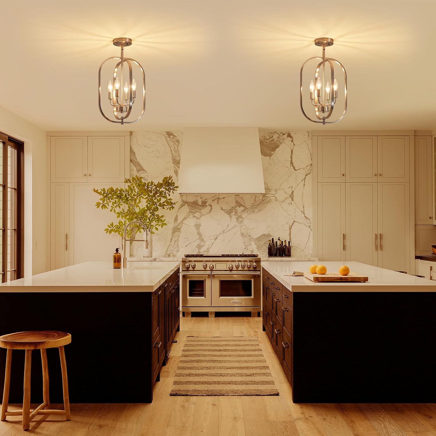 XINGQI 12.2" Modern Brushed Nickel Ceiling Lights Farmhouse Small Mini Chandelier 4-Light Semi Flush Mount Ceiling Light Fixture for Entryway Dining Room Kitchen Foyer
