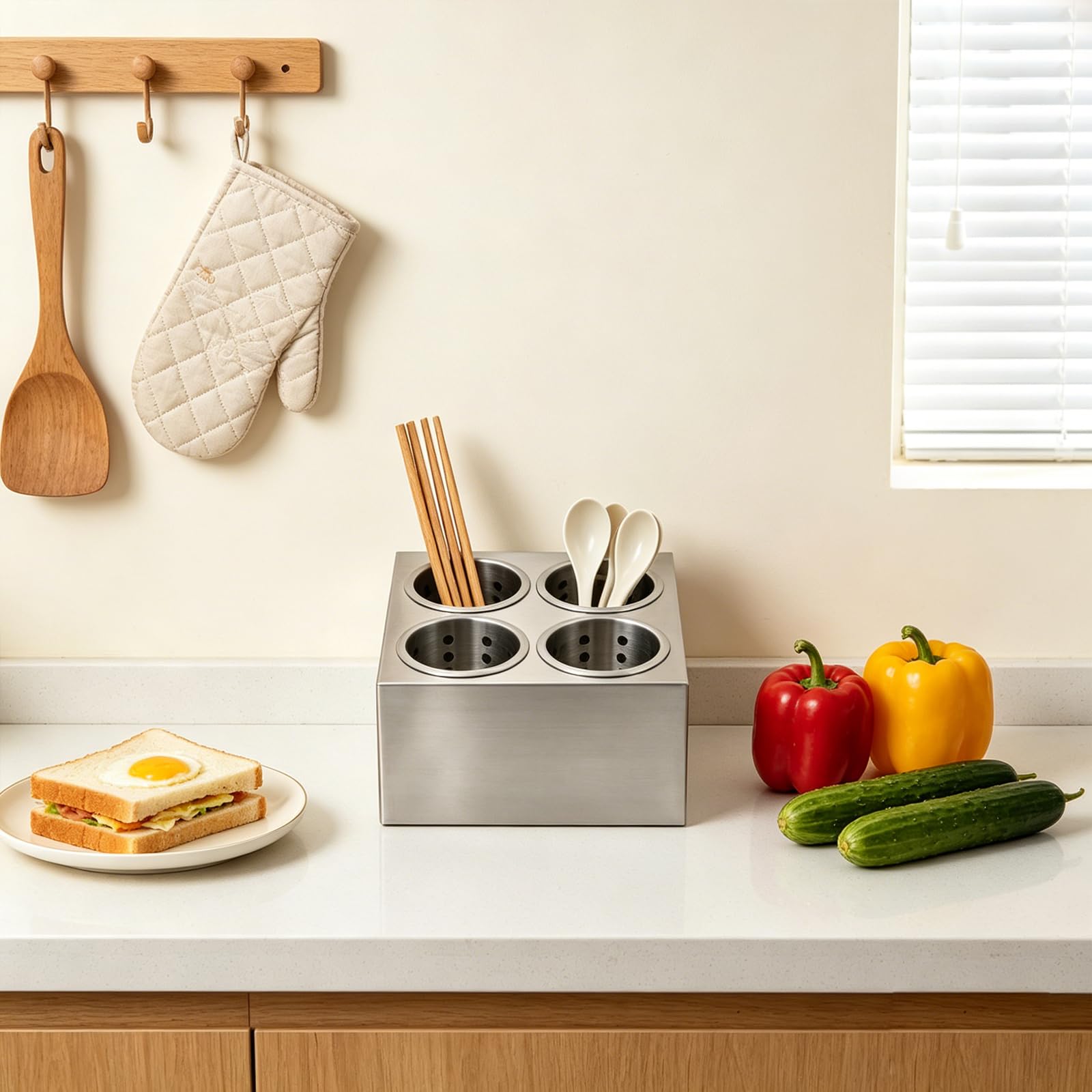 Soporte para cubiertos con 4 agujeros, acero inoxidable, con cilindro, para utensilios con patas de goma antideslizantes para cocinas, cafeterías, cafeterías, despensas