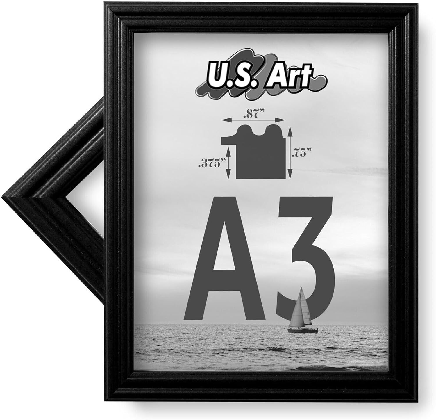 A3 Picture Frame in Black 11.7 x 16.5 Inch (29.7 x 42.0 cm) - 0.75 Inch Wide Poplar Wood with Plexiglass - Horizontal and Vertical Formats for Wall Decor