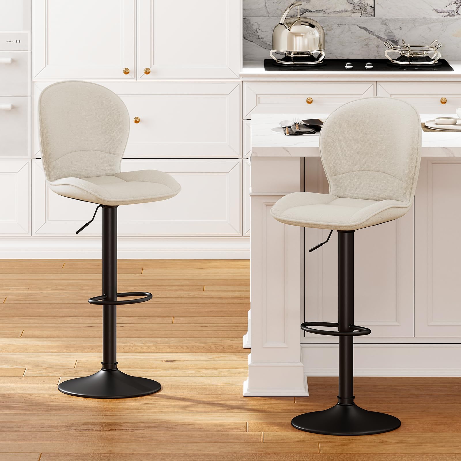 LEWE Tabourets de Bar Modernes Lot de 2, Réglables en Hauteur Chaise de Bar Pivotant à 360°, avec Dossier, Repose-Pieds Métallique pour Cuisine Bar, Salle à Manger, Salon-Beige