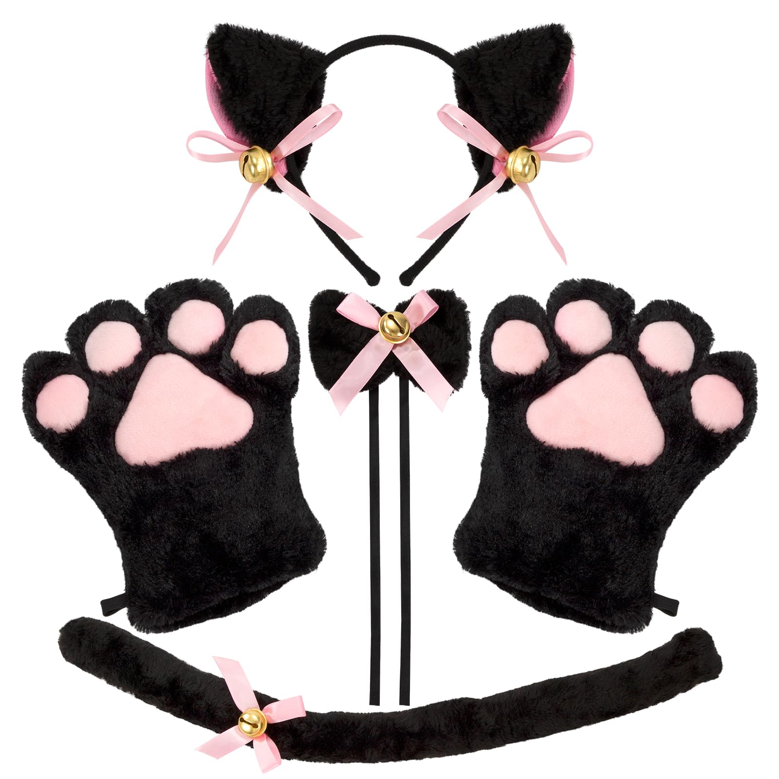 Berkelen Disfraz de Gato Accesorios 5 Piezas Conjunto de Cosplay de Gato Incluye Gatito Orejas Gato Cola Pajarito Guantes de Pata de Gato para Niños Adultos Halloween Carnaval Negro