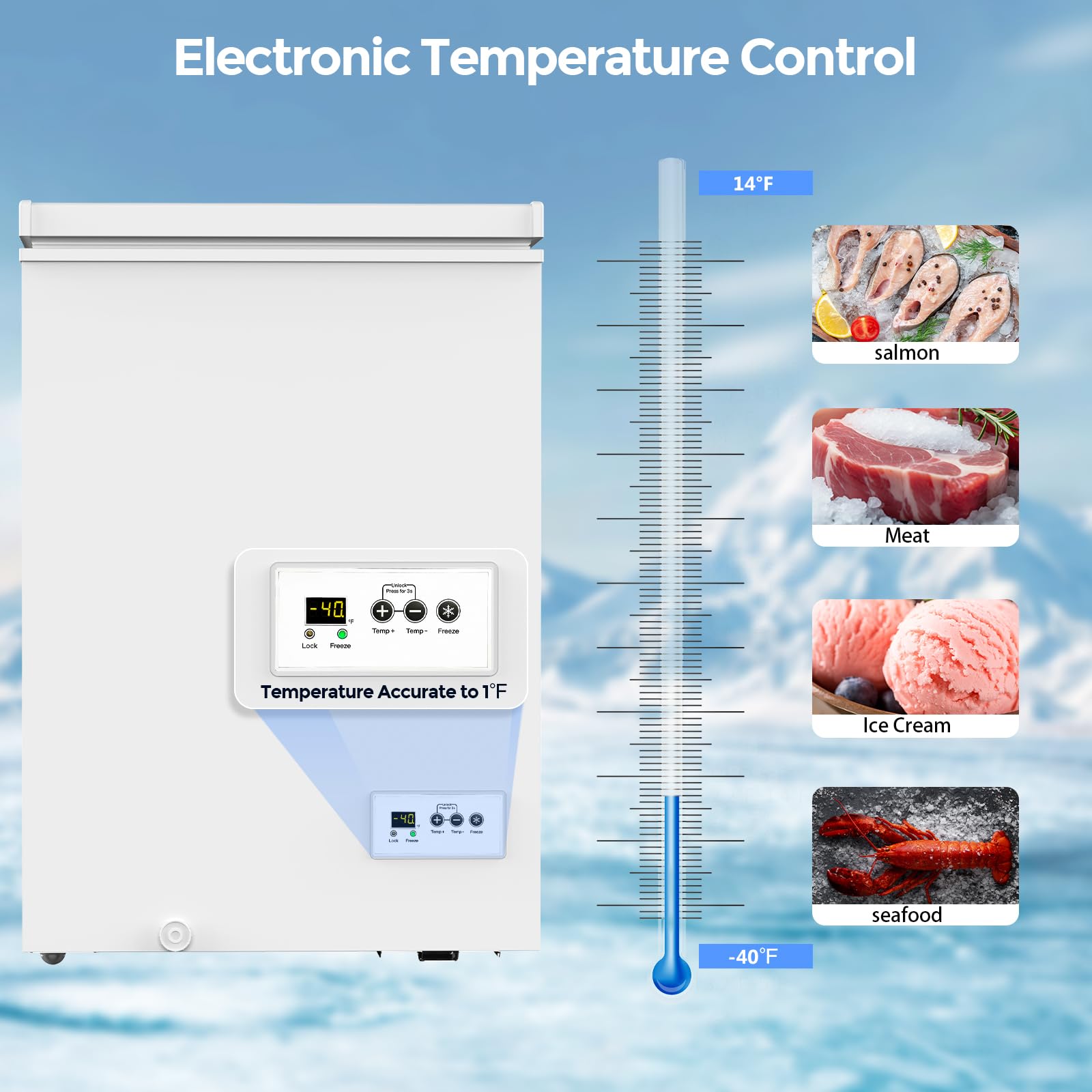 Cowsar 3.5 Cu.Ft Chest Freezer, 14℉ To -40℉ Ultra-Low Temperature Deep Freezer With 2 Removable Stainless Steel Baskets, Electronic Control, 7 Level Adjustable Thermostat on Fridge.com - View 5