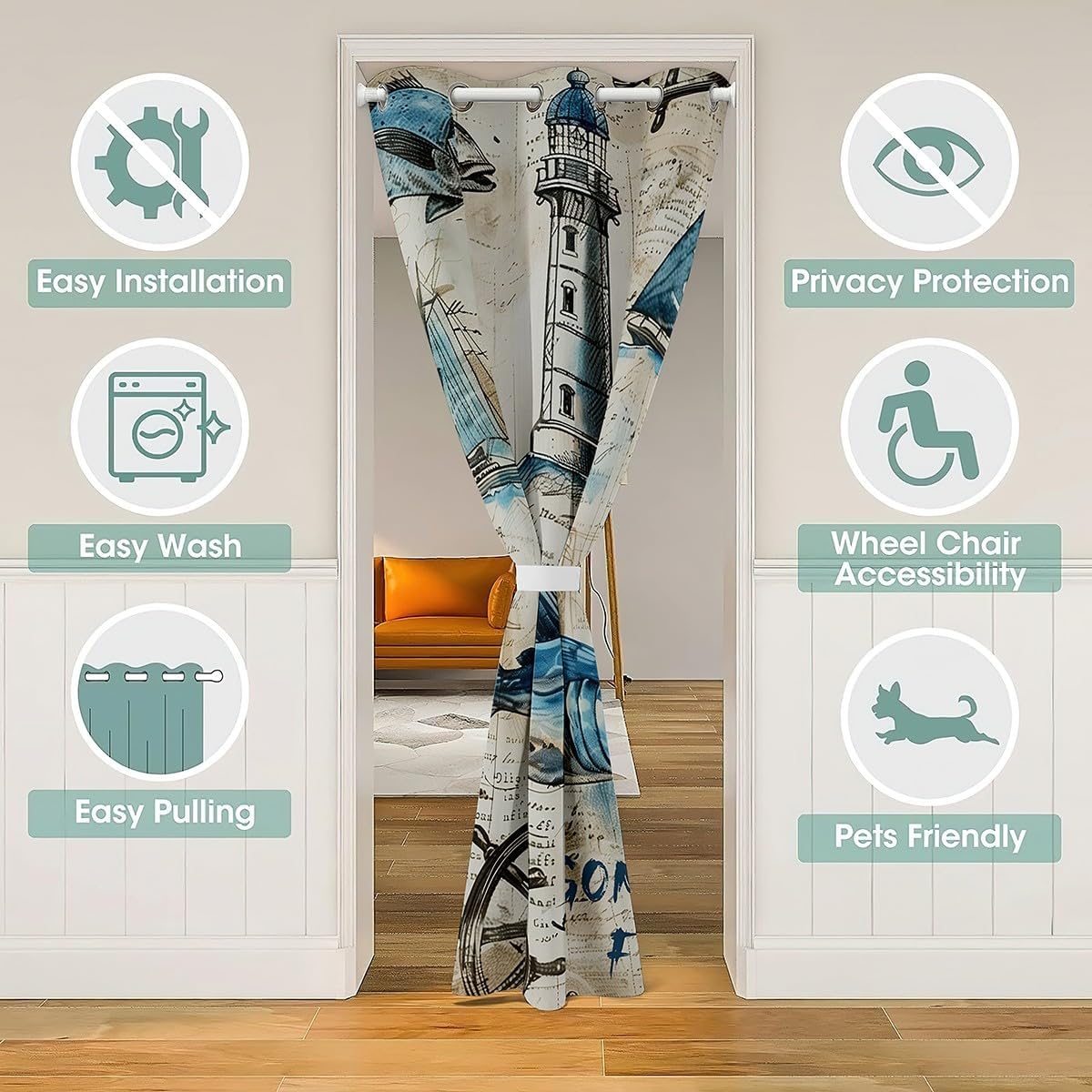 Castle Fairy Adventure Sailing Boat Door Curtain Lighthouse Anchor Rudder Blackout Curtain for Girls Boys Kids Wild Fish Closet Curtain Sketch Painting Style Privacy Door Drape 1 Panel 60" W X 80" L