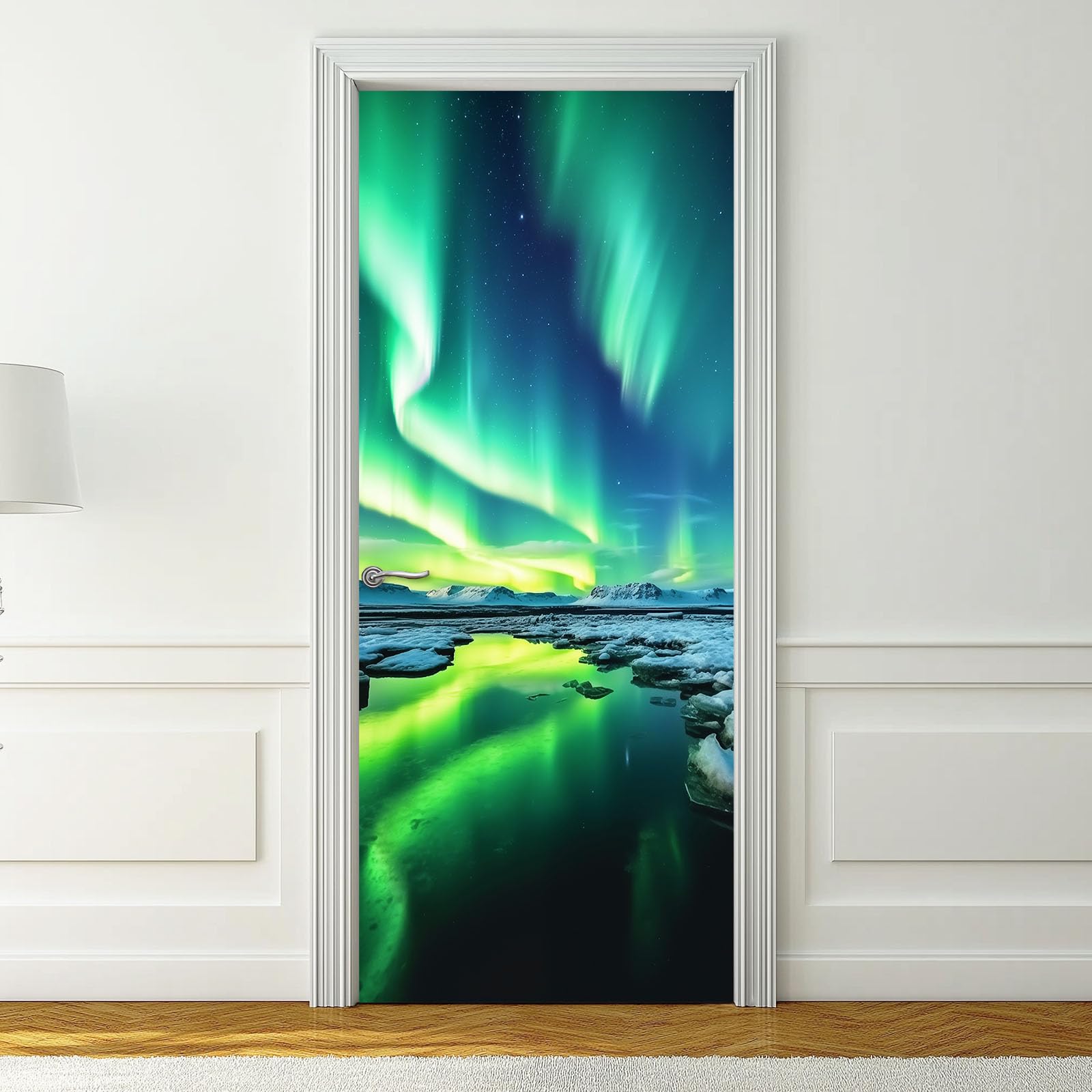 Natura, krajobraz 3D, mural na drzwi, samoprzylepny, zorza polarna, Islandia, sztuka, usuwalne murale, naklejki na drzwi, turkusowe naklejki z PCW, do sypialni, łazienki, biura, 95 x 215 cm, zestaw 2