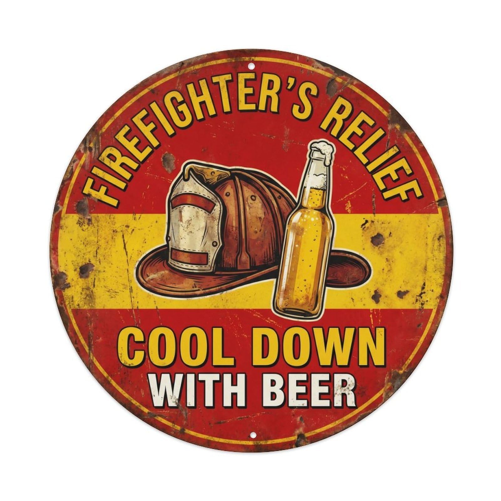 Retro Bar Style Firefighter Brave Basement Beer Metal Tin Sign Plaque Wall Decor for Cafe, Club, Garden Round Metal Poster 8x8Inch