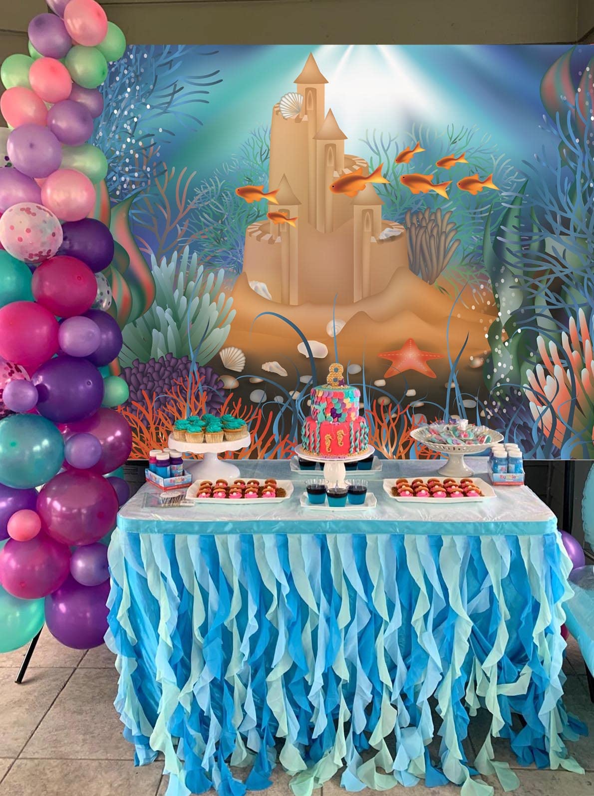 Telón De Fondo 2.1x1.5m Bajo El Mar, Castillo Y Conchas, Para Fiestas De Princesa Sirenita, Cumpleaños Y Baby Shower - Hnmdmyi