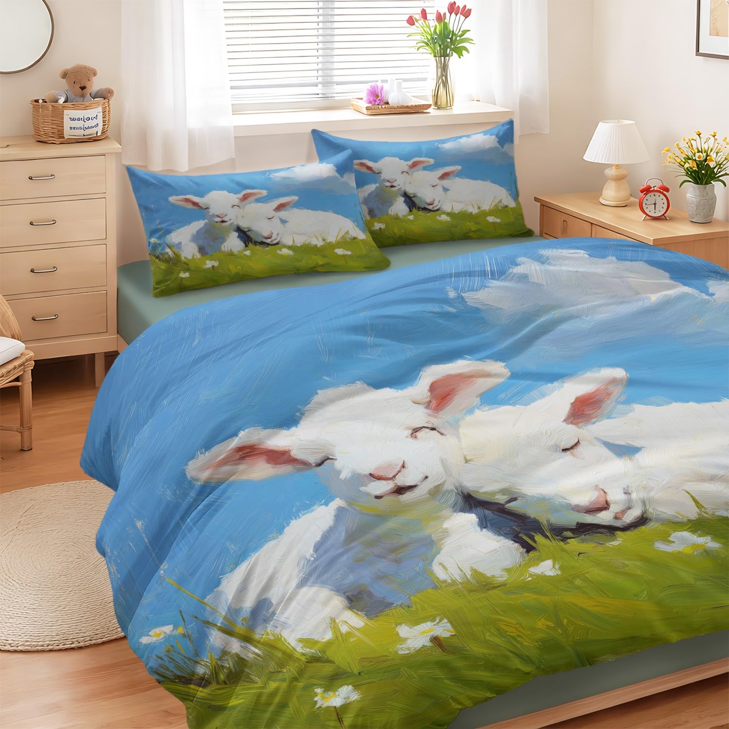 Housse de couette 240x260 mouton pour chambre enfant grand lit avec drap housse