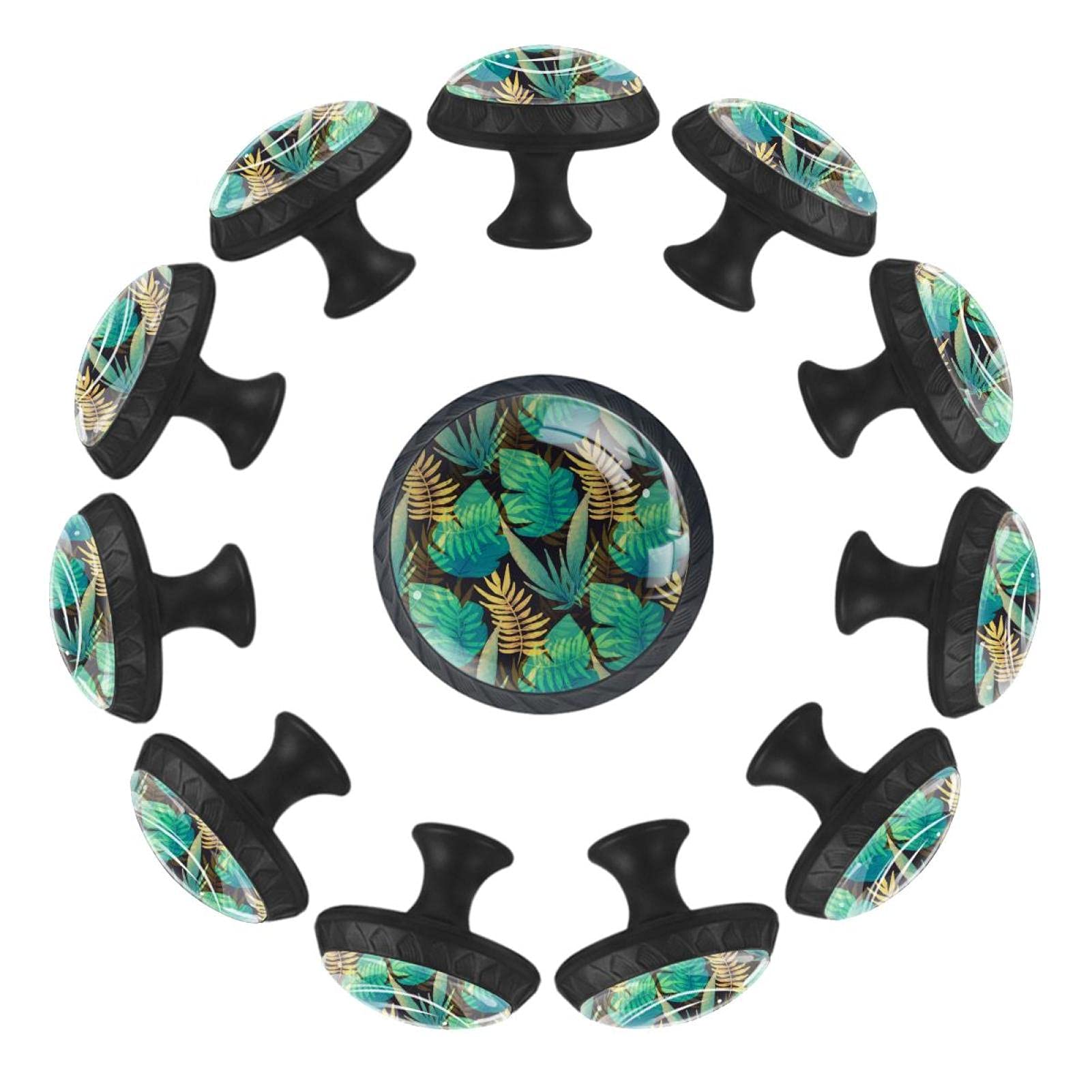 Boutons de tiroir motif feuilles tropicales en lot de 12 pièces coloris vert jaune