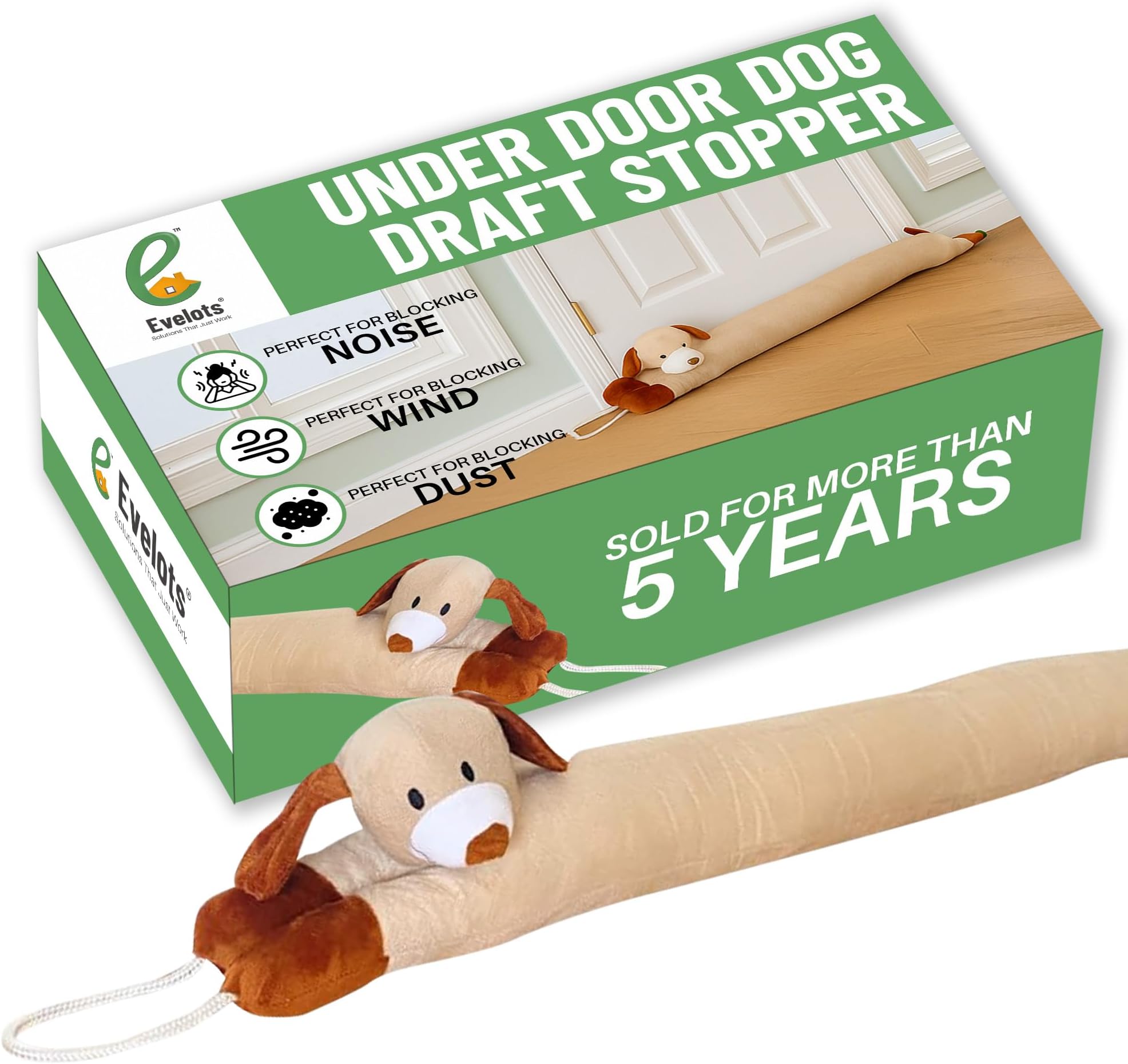 Evelots Under Door Dog Draft Stopper - Weighted - Keep Cold Air, Warm Air Out - Odor, Noise, Dust, Wind Blocker - Great for Window - Full 38 Inch Long - Heavy Duty Cute Puppy - Hanging Loops