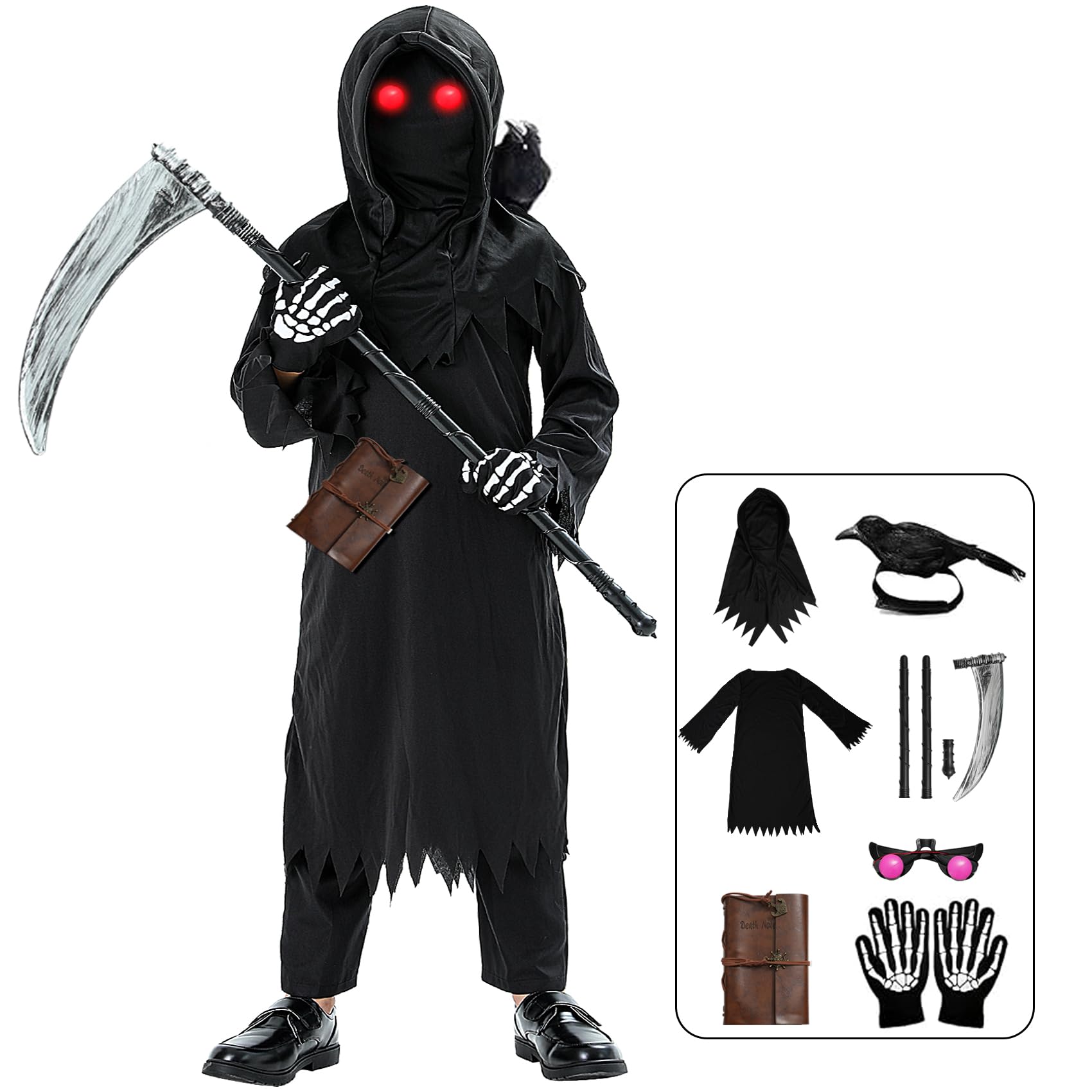 Onory Halloween Costumes for Kids Grim Reaper Costume for Boys Set Scary Ghost Cosplay Outfit Halloween Party Favors