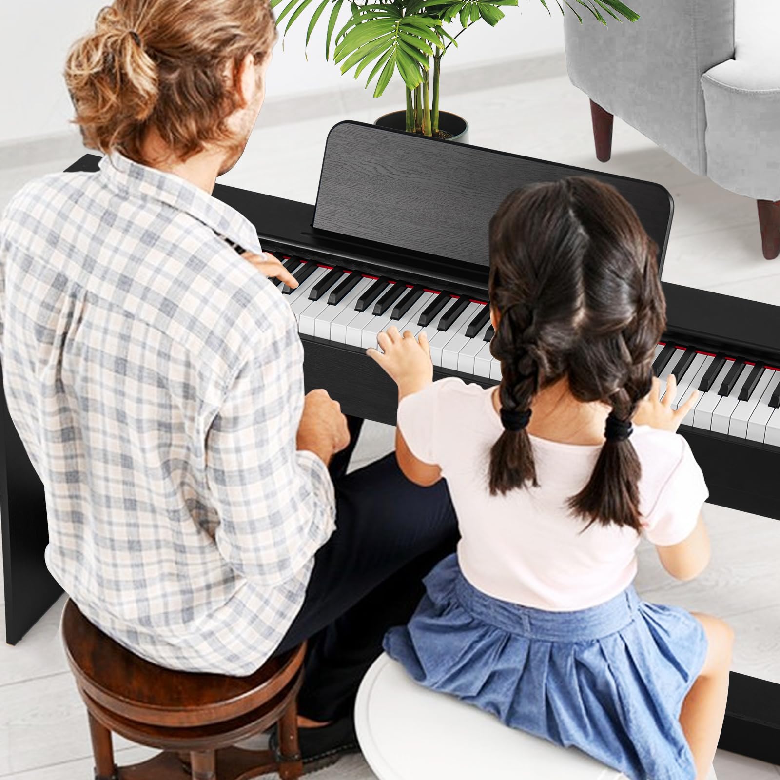 COSTWAY Piano Digital Vertical de 88 Teclas Contrapesadas, Piano Eléctrico Compacto con Soporte, Grabar y Reproducir, Pedales Triples, Doble Altavoz y Conectores para Auriculares, MIDI