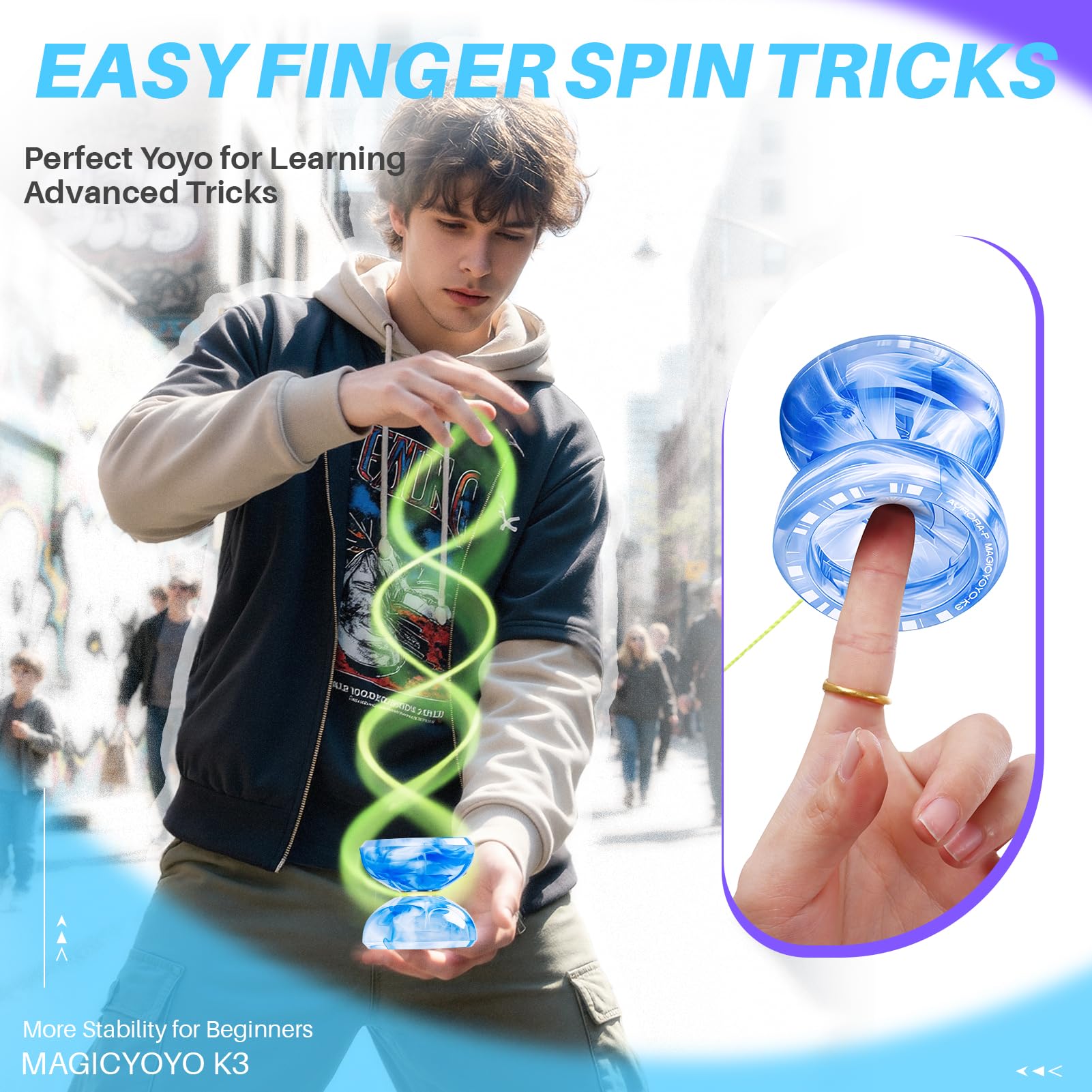 MAGICYOYO JoJo K3 Aurora-p, Yoyo professionnel pour spin, yo-yo réactif et non réactif pour débutants et avancés, avec 12 cordes Yoyo et kit d'accessoires Yo