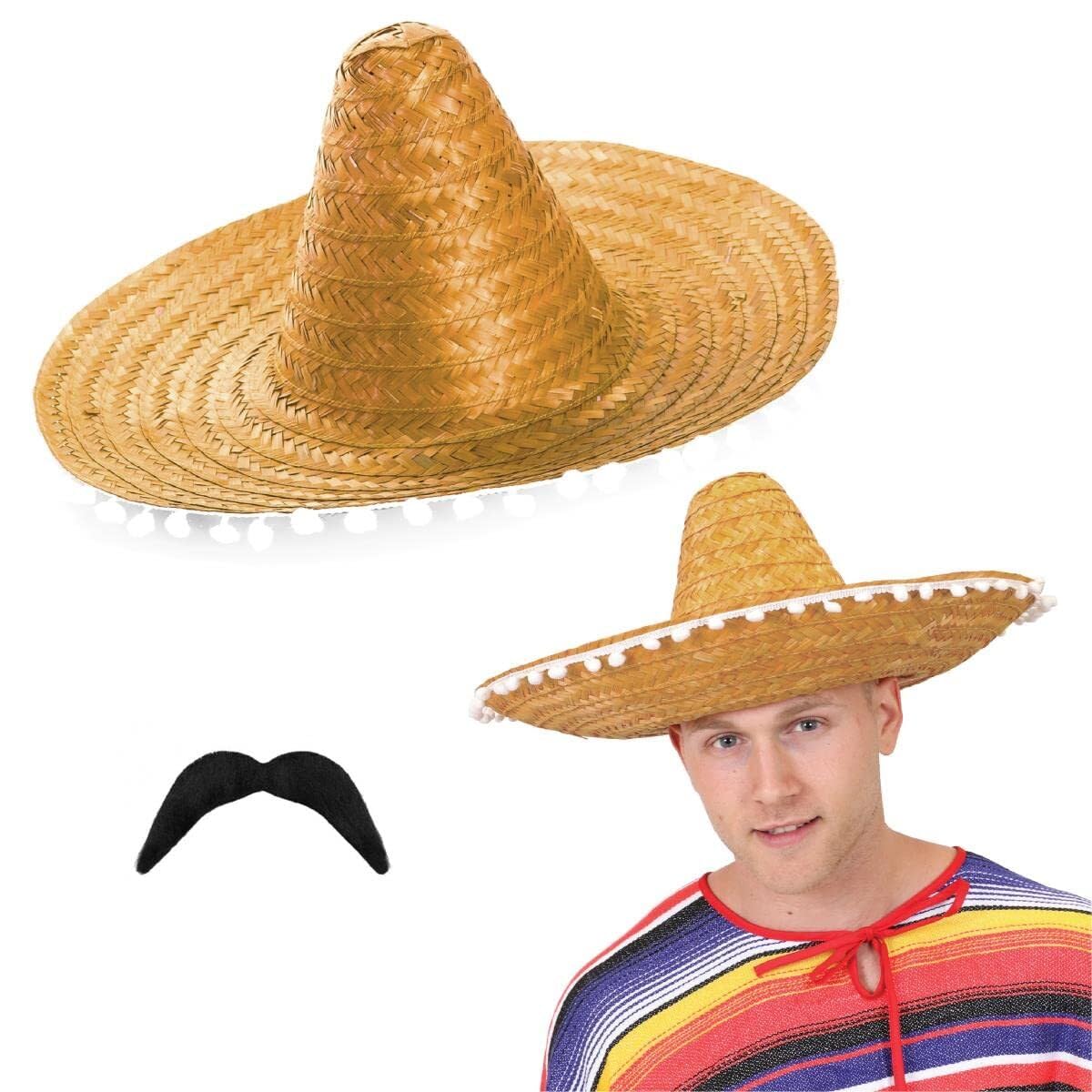 I LOVE FANCY DRESS Mexican Sombreros in Orange With White Pom Pom Edging + Moustache Perfect for Any Mexico Sombrero Fancy Dress Party for Men and Women Wholesale - 24x Sombrero + X24 Moustaches