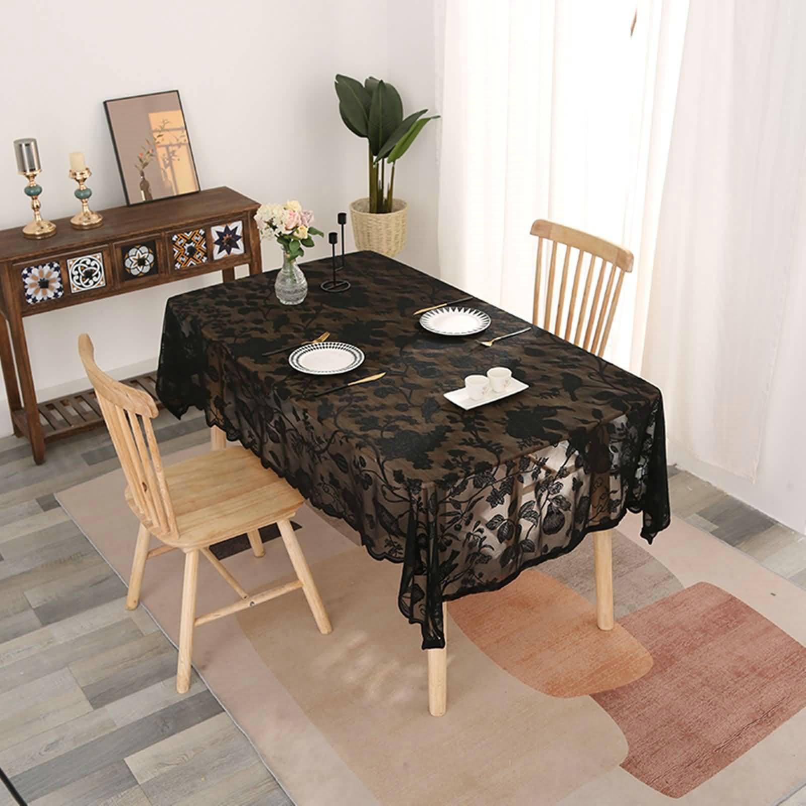 Tovaglie da Tavola 140 x 200cm, Tovaglia Colazione Antimacchia Nero Ricamo di Fiori e Uccelli in Pizzo Tovaglia Rettangolare