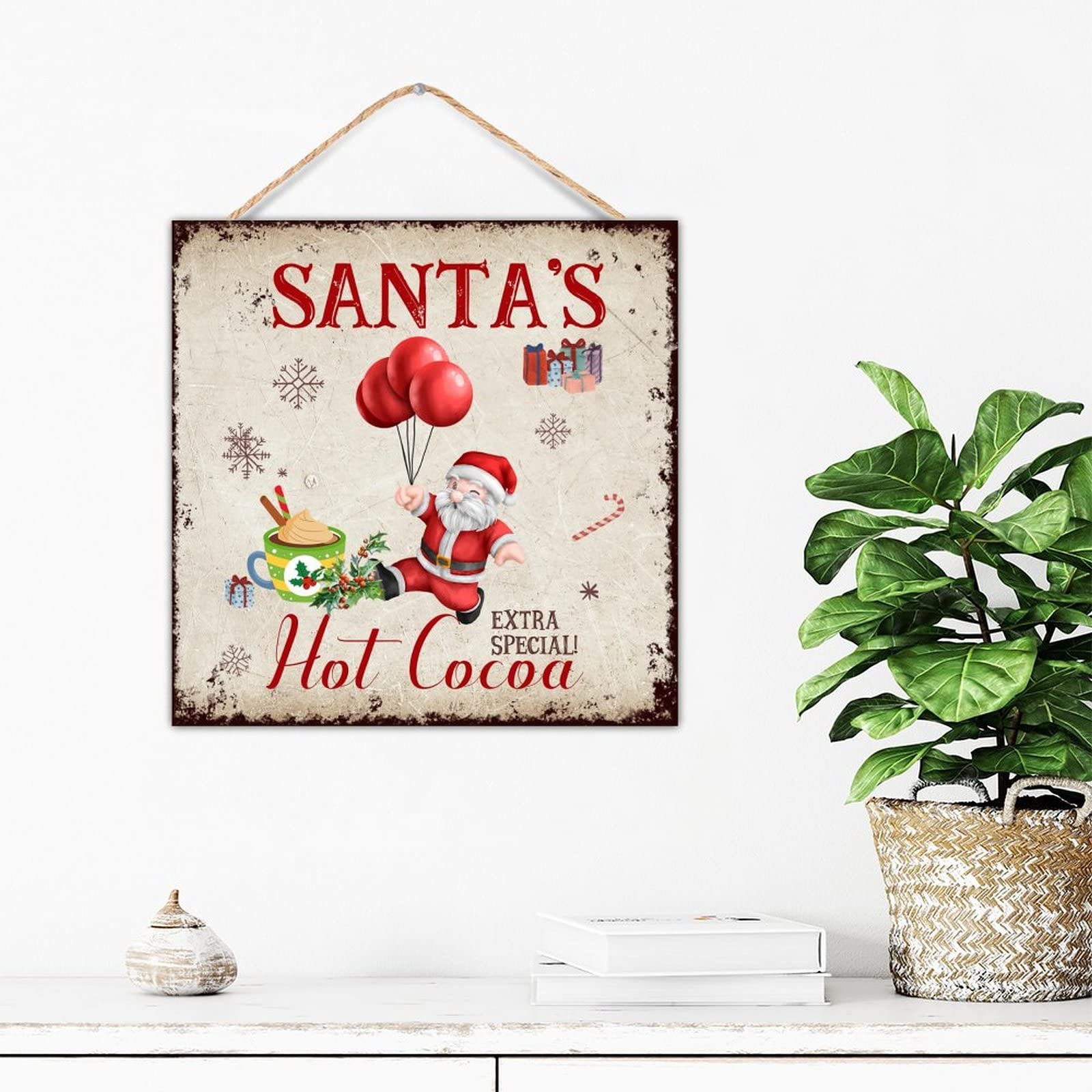 Panneau Santa's Hot Cocoa bois décoration salon cheminée 30 cm