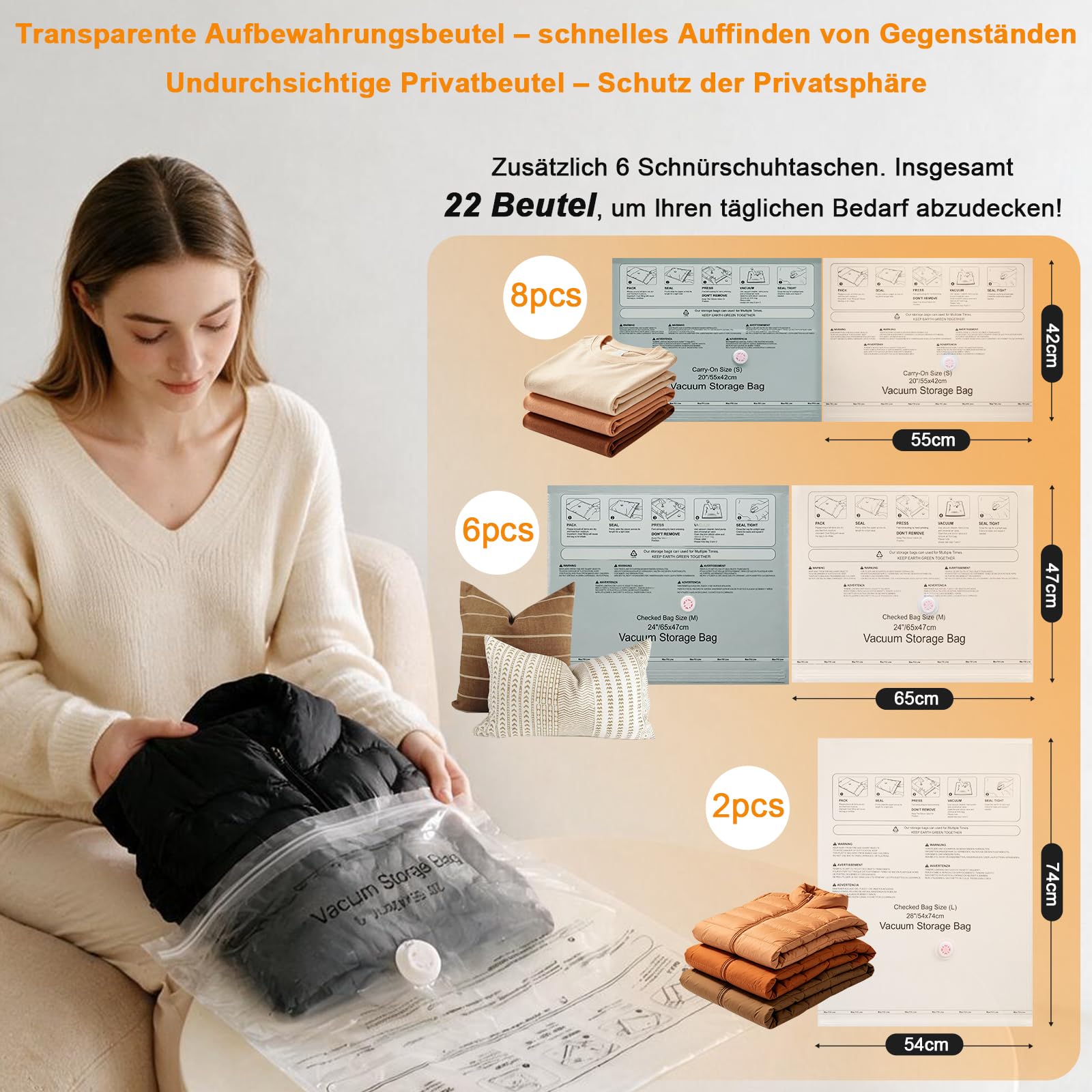 AIMAX Vakuumbeutel für Kleidung mit Kabellose Vakuumpumpe, 2 Saugstufen-4.000 Pa & 20.000 Pa Saugkraft, 16 Stück (8 * 42x55cm, 6 * 65x47cm, 2 * 74x54cm), Speziell für Reisen und Kofferorganisation