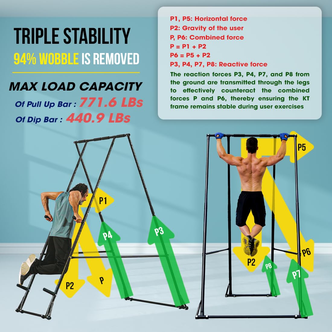 KT High and Foldable Pull Up Dip Station Power Tower Stable Adjustable Multifunctional Exercise Machine Durable Home Gym Strength Training Fitness Equipment Portable Indoor Outdoor Free Standing Rack