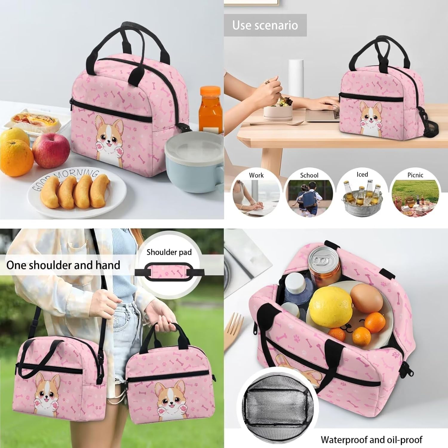 Cute Corgi Dog Backpack for Girls Pink Bone Paw Print School Backpack with Lunch Box Pencil Case and Bookmarks Kids Bookbag Daypack Novelty School Bags for Elementary Middle School