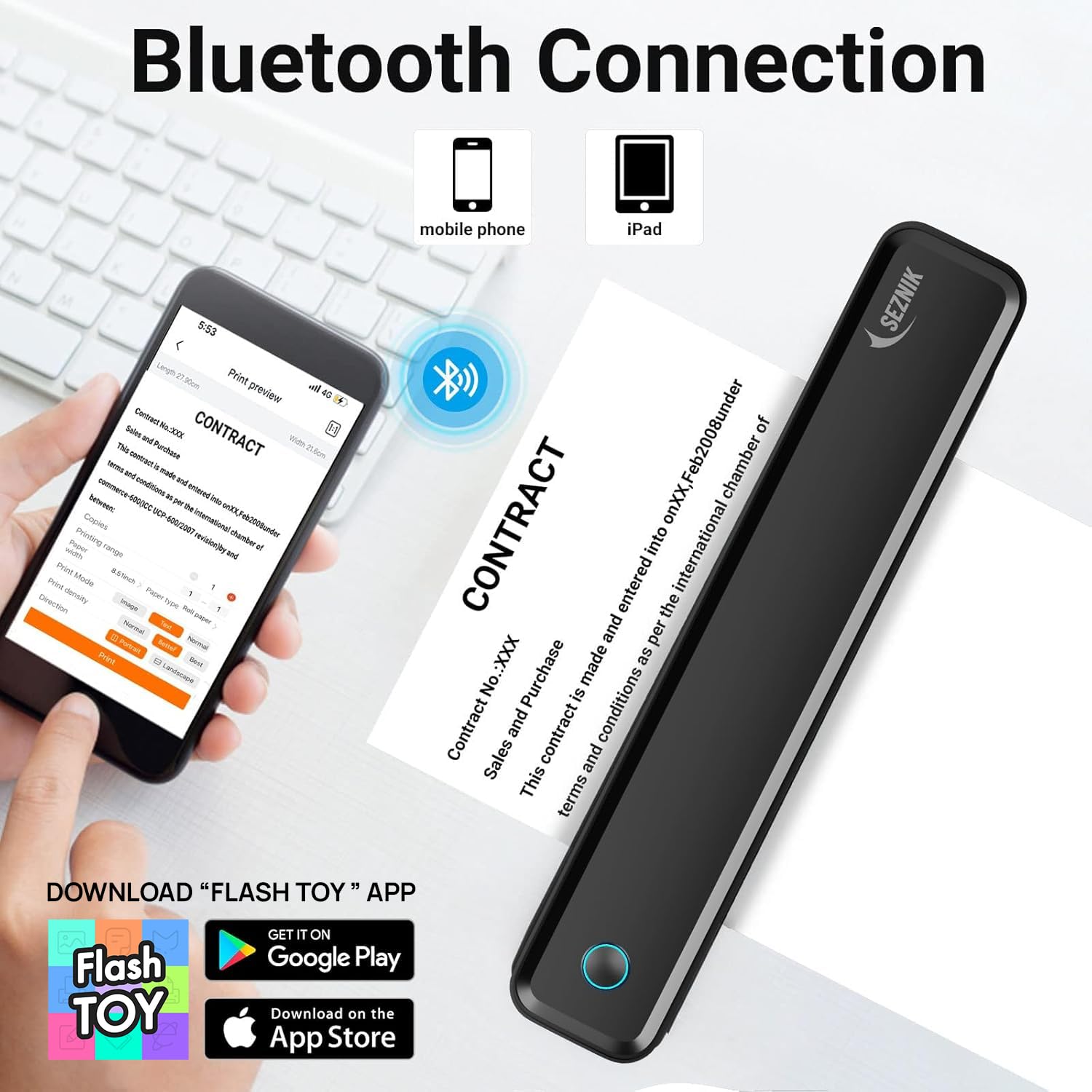 SEZNIK Portable A4 Printer, Bluetooth, Inkless Thermal Printer | USB, Bluetooth Compatible with Android iOS Laptop | 1 Year Warranty (Lite-203DPI-Black) — Amazon image 3