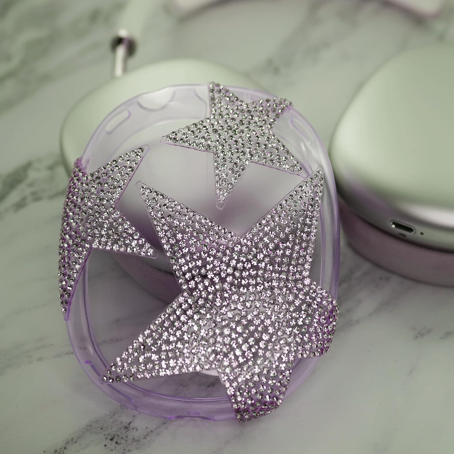 MORWLAT Case Cover for AirPods Max Glittering Rhinestones Stars, Clear Sparkling Cute Soft Cases for Women Accessories Protective Cover for Apple AirPods Max (Purple Stars)