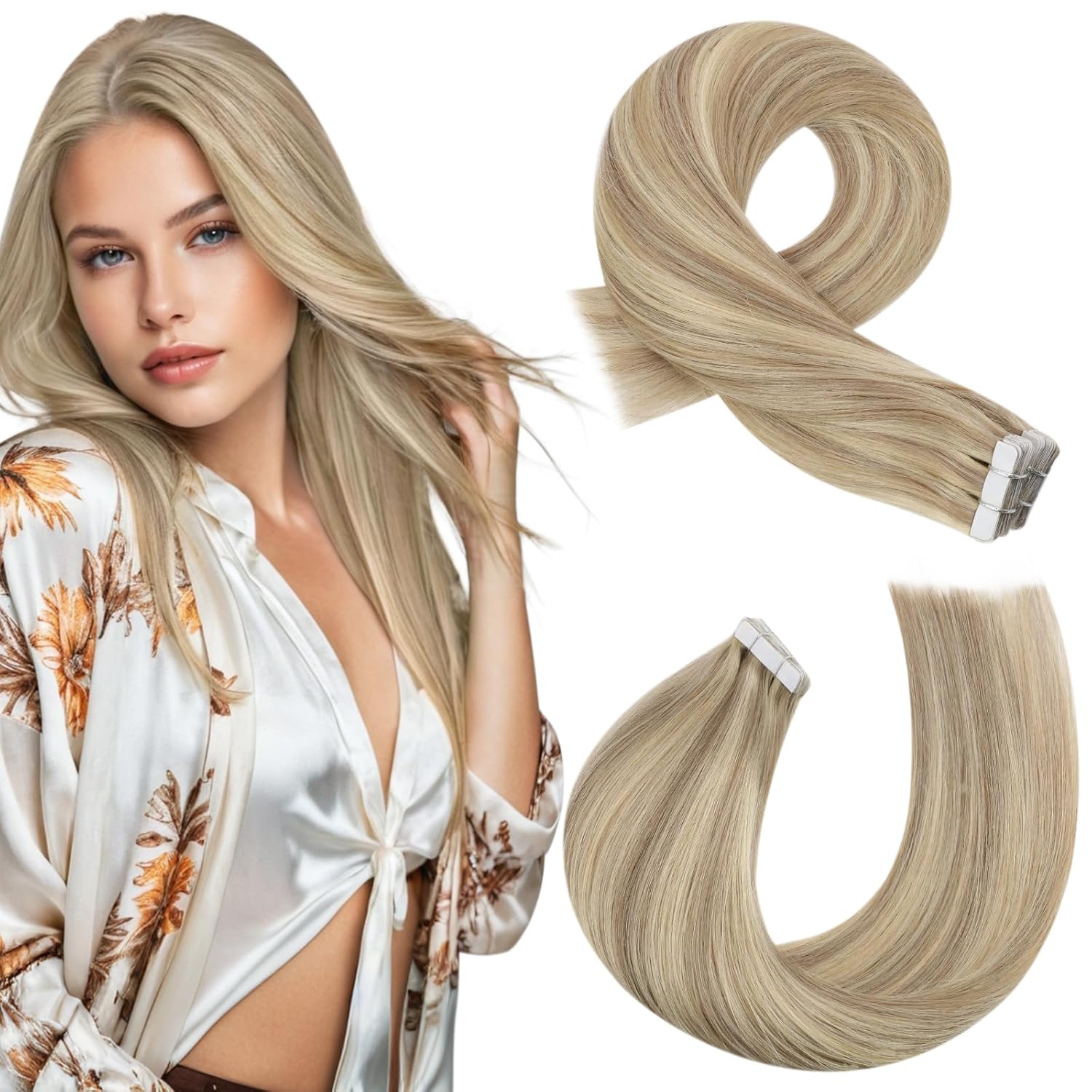 Moresoo Tape in Hair Extensions Human Hair Honey Blonde Highlighted Medium Blonde Tape in Human Hair Extensions Real Hair Glue in Extensions #P16/22 20pcs 50g 18 Inch