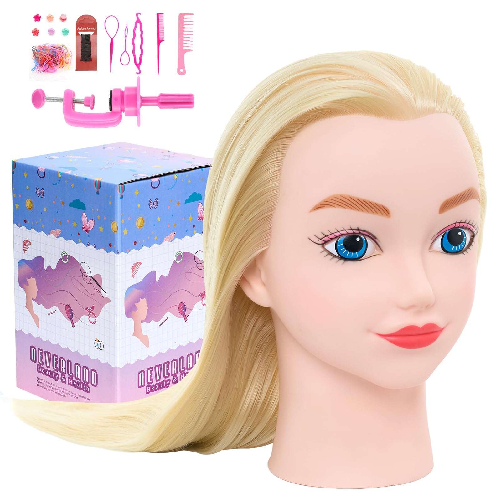 Neverland de 20 pulgadas Cabeza de peluquería 100% fibra pelo Cabeza de Entrenamiento Cabeza de Muñeca Muñeca peluqueria Muñeca de la Cosmetología con Soporte& DIY Hair Styling Tools
