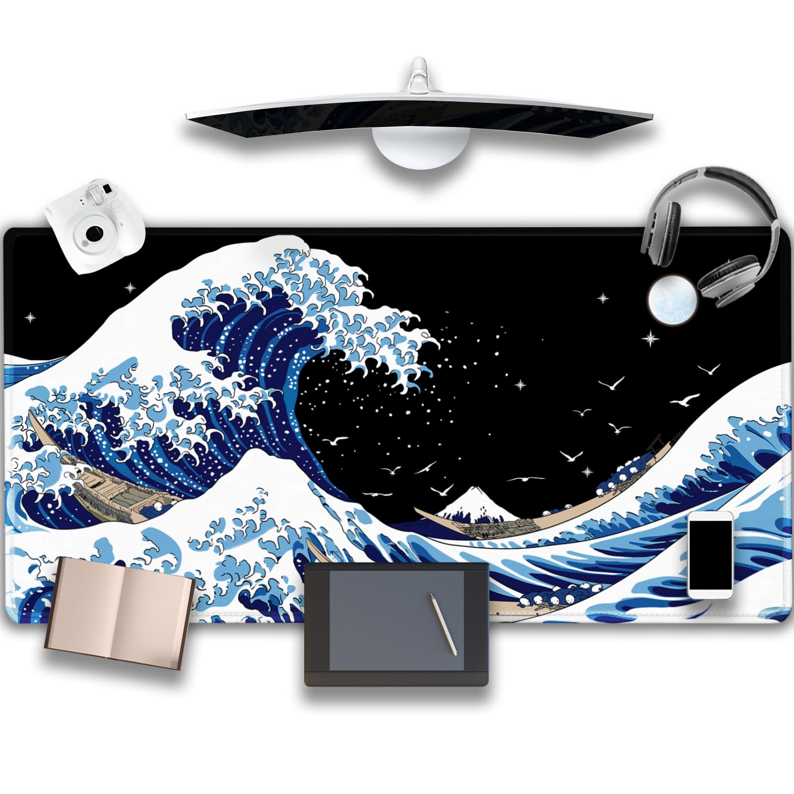 Photo 1 of MEWOOCUE 47.2" x 23.6" Gaming Mouse Pad, Sea Wave Big Mice Pads PC Keyboard Waterproof and Non-Slip 4mm Thick 4XL,Super Large Computer Rubber Table Mat, Kanagawa Surfing and Black Japan Wave 47.2" x 23.6"