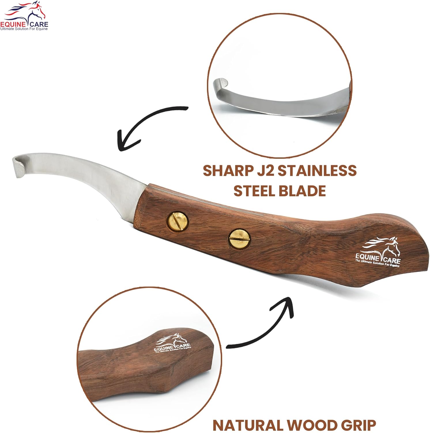 Equine Care Right-Handed Hoof Knife – Ultra-Sharp J2 Steel Blade | Professional Farrier Hoof Knife & Horse Hoof Trimmer | Ergonomic Wooden Handle for Horses & Livestock Hoof Care