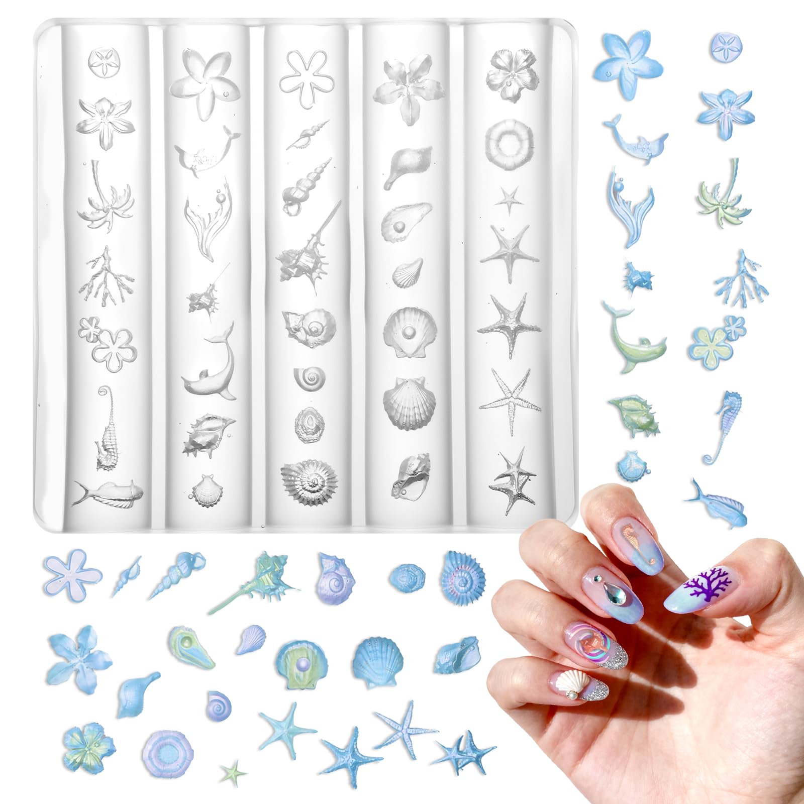 3D Gel Nail Art Mold Set Verano Mar & Conchas DIY Accesorios Uñas Flexible Transparente