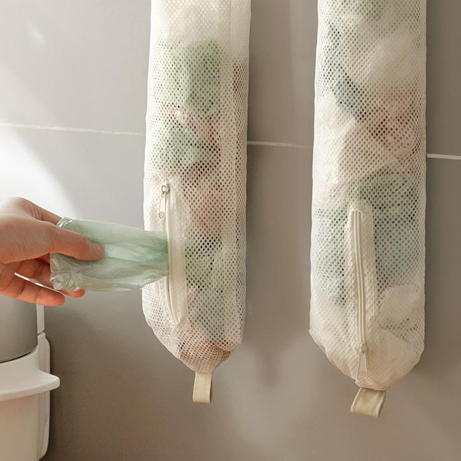 SECOFE 2 sztuki wiszących siatkowych worków na śmieci, plastikowe torebki na zakupy, organizer z siatki do kuchni, salonu