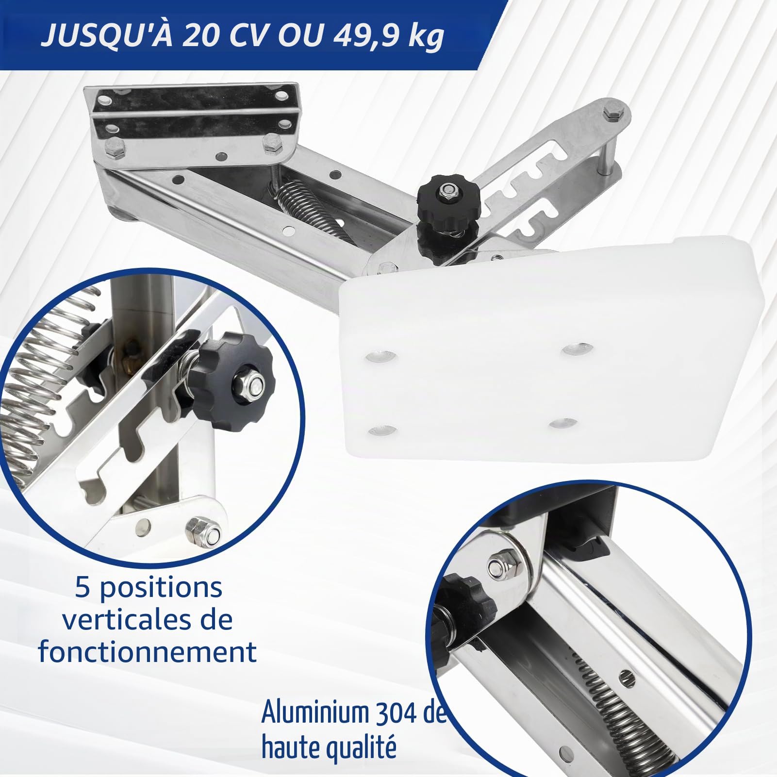 Support de moteur hors-bord, support de moteur hors-bord à 2 temps, charge maximale de 7,5 HP à 20 CV, support de moteur de bateau réglable en acier inoxydable 304 – Blanc