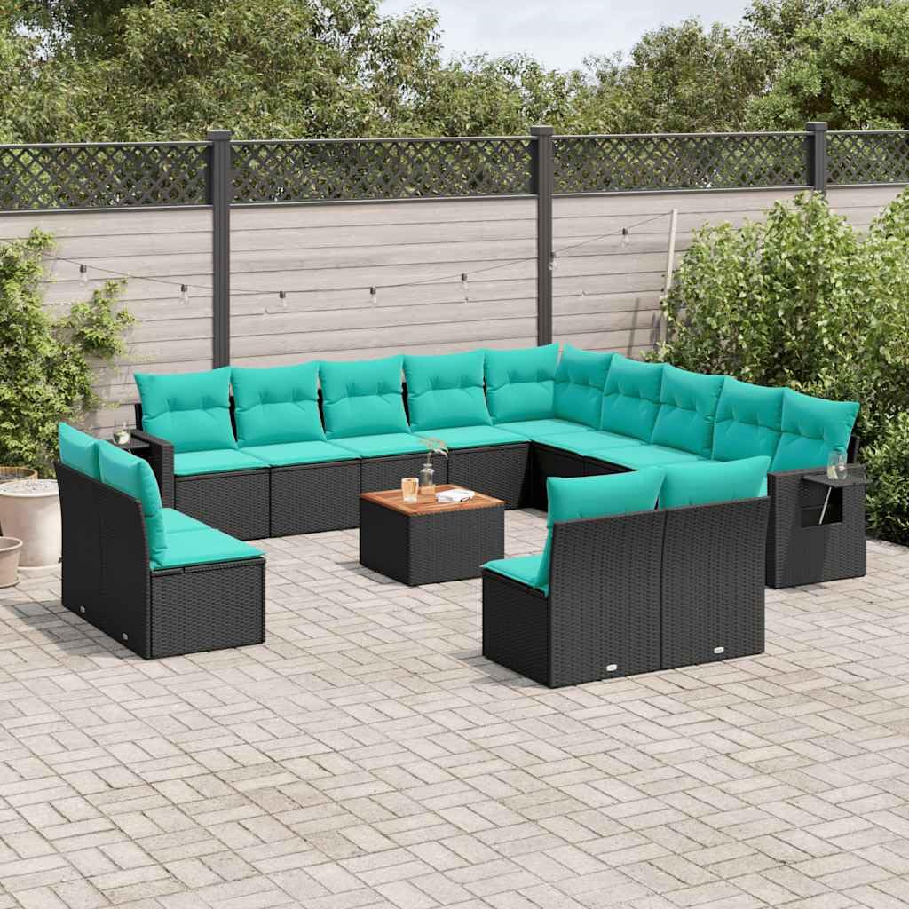 Salón de jardín 14 piezas de poliratán negro con cojines y mesa acacia