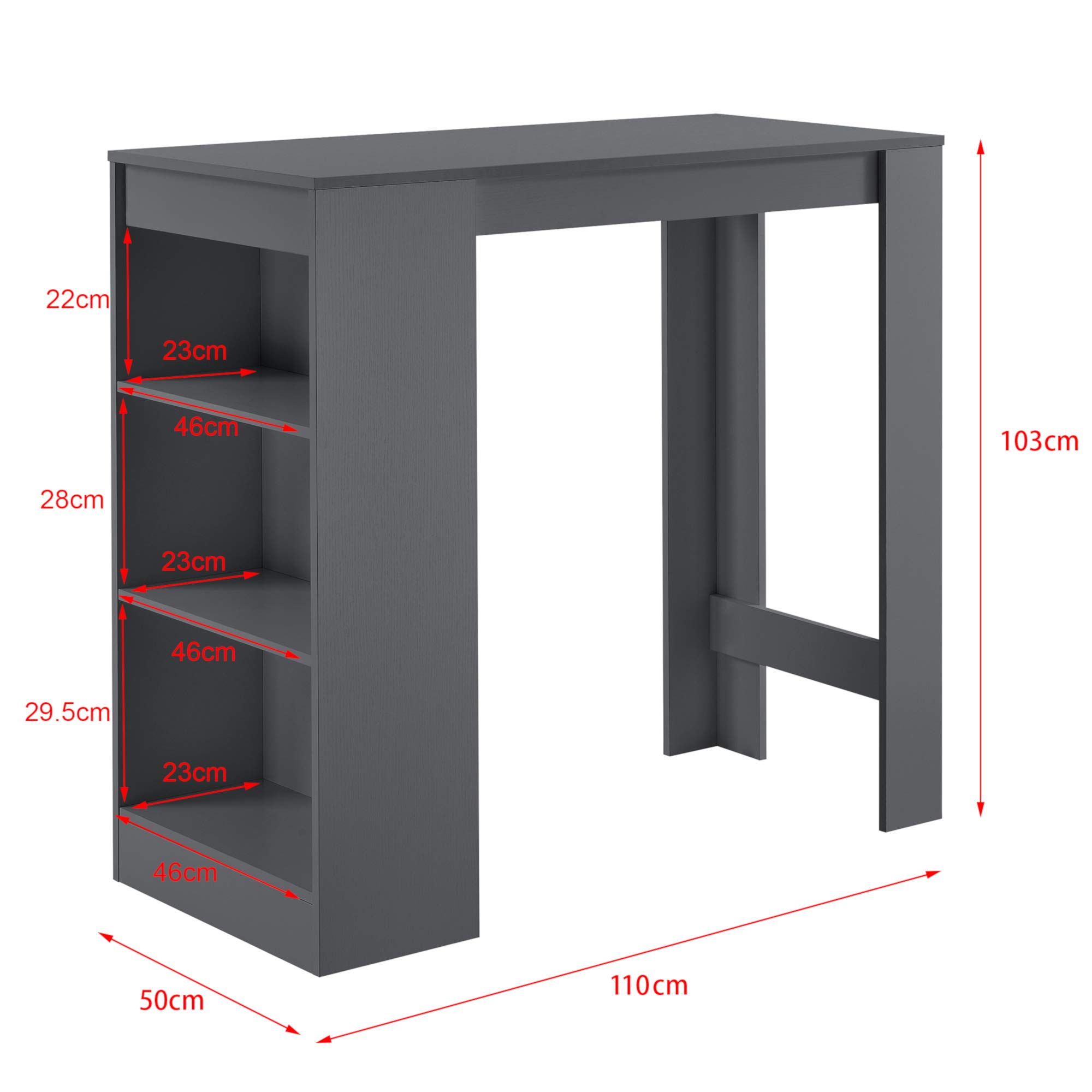 [en.casa] Mesa Alta Cocina Kouvola Mesa de Bar Bistro Elegante con 3 Compartimentos Laterales Comedor Oficina en Casa Aglomerado 110 x 50 x 103 cm - Gris Oscuro