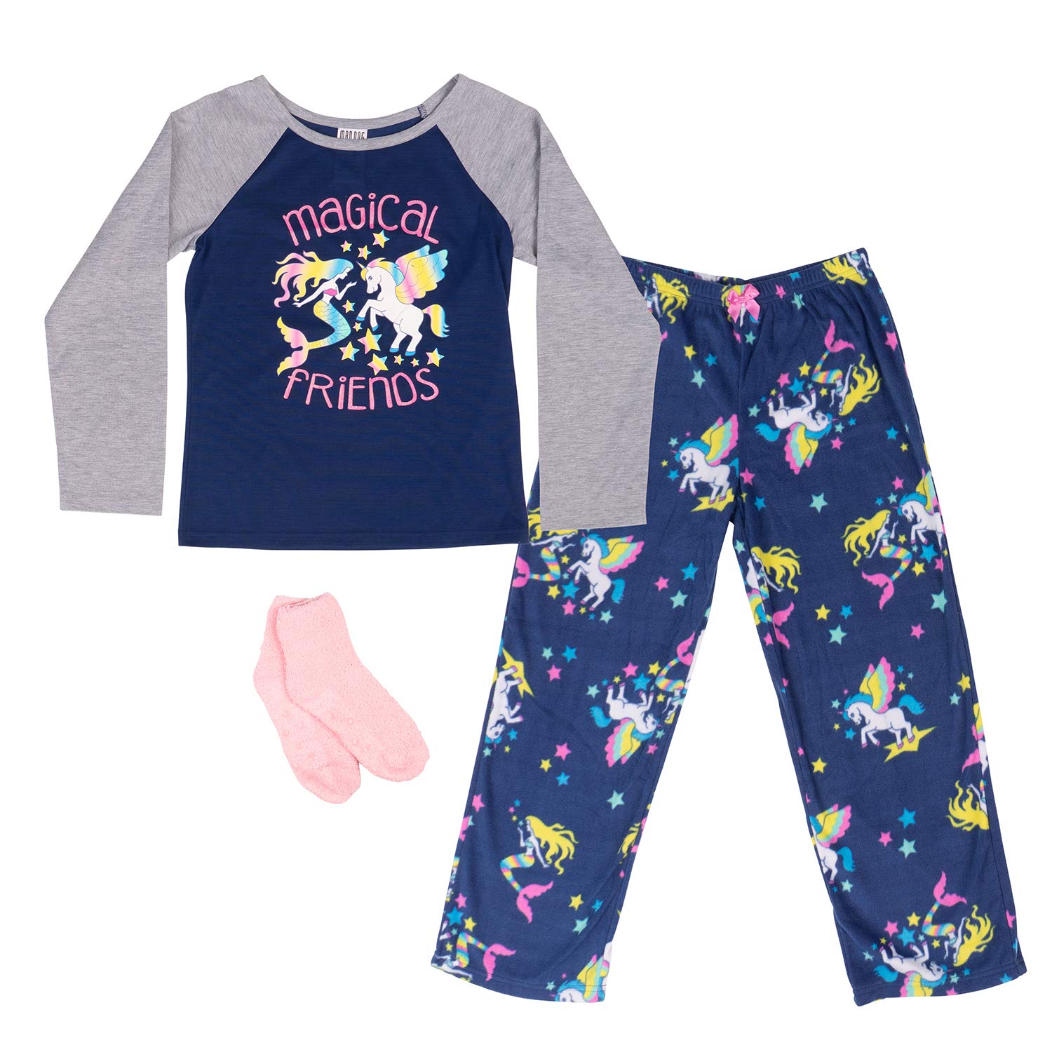 Mad Dog ConceptsGirls 3pc Pajama Set- Unicorns and Mermaid Long Sleeve Shirt with Fleece Bottom and Slipper Socks