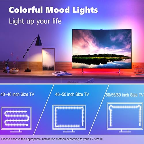 Miniatura 5 de RUICHEN Retroiluminación LED de 9.8 pies para TV de 40 a 60 pulgadas, kit de tira de luces que cambian de 16 millones de colores con control remoto,