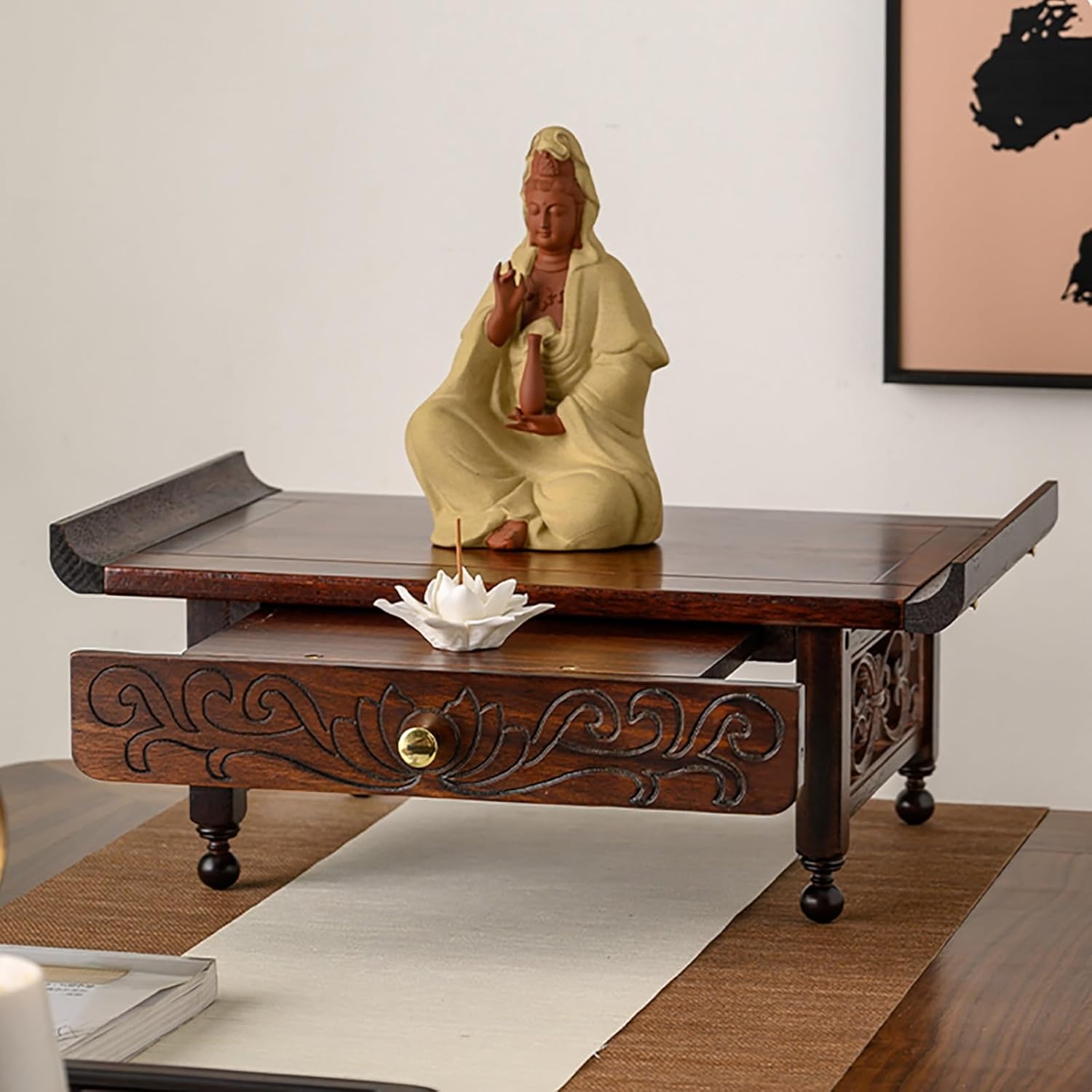 Buddhist Altar Table with Storage Pooja Cabinet Altar Supplies, with Storage Tier and Auspicious Carving for Small Spaces(Brown-B,60cm/23.6in)