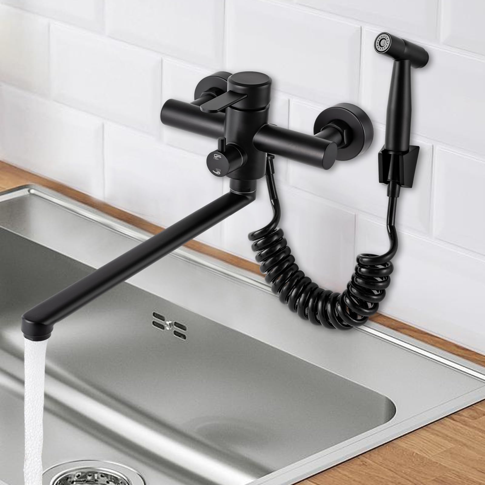Grifo Monomando Pared con Pistola Pulverizadora para Cocina, Montaje en Pared, Acero Inoxidable Cepillado, Grifo Fregadero Giratorio 360°, Tubo Giratorio de 35 cm