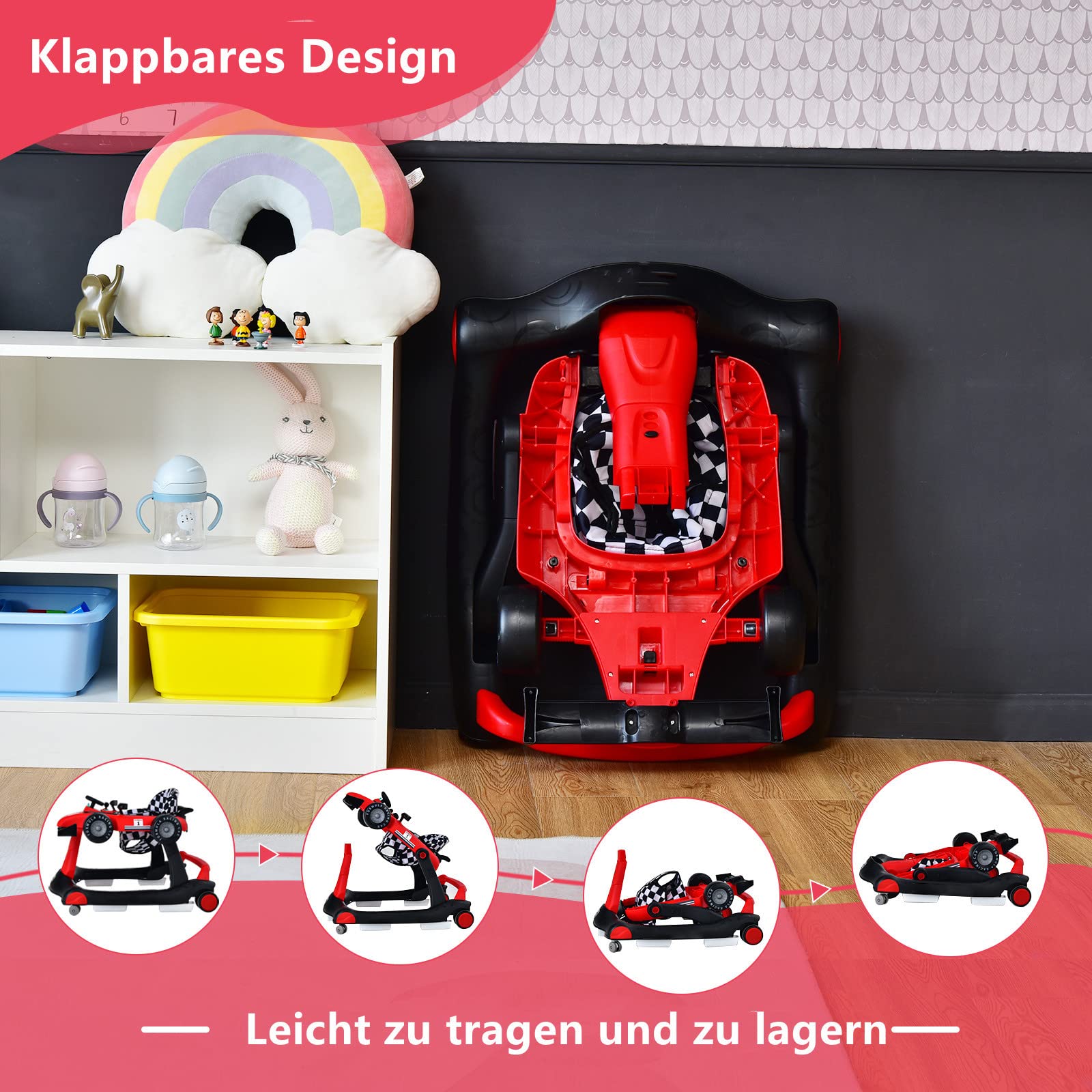 DREAMADE Lauflernhilfe, 4 in 1 Autoförmiger Lauflernwagen mit einstellbarer Geschwindigkeit, Musik & Licht, Babywalker Höhenverstellbar & Klappbar, Gehfrei Baby ab 6 Monate (Rot)