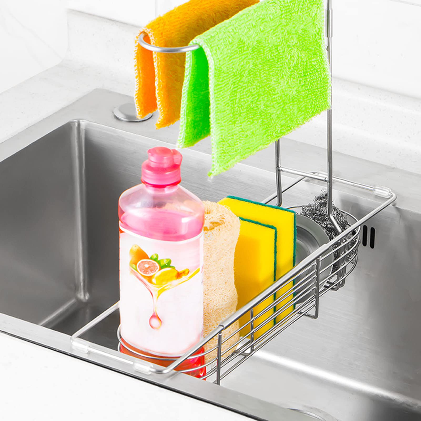 Organizer telescopico per lavello da cucina in acciaio inox, con porta utensili per la pulizia e spugna di sapone, gancio per strofinacci per bagno e cucina