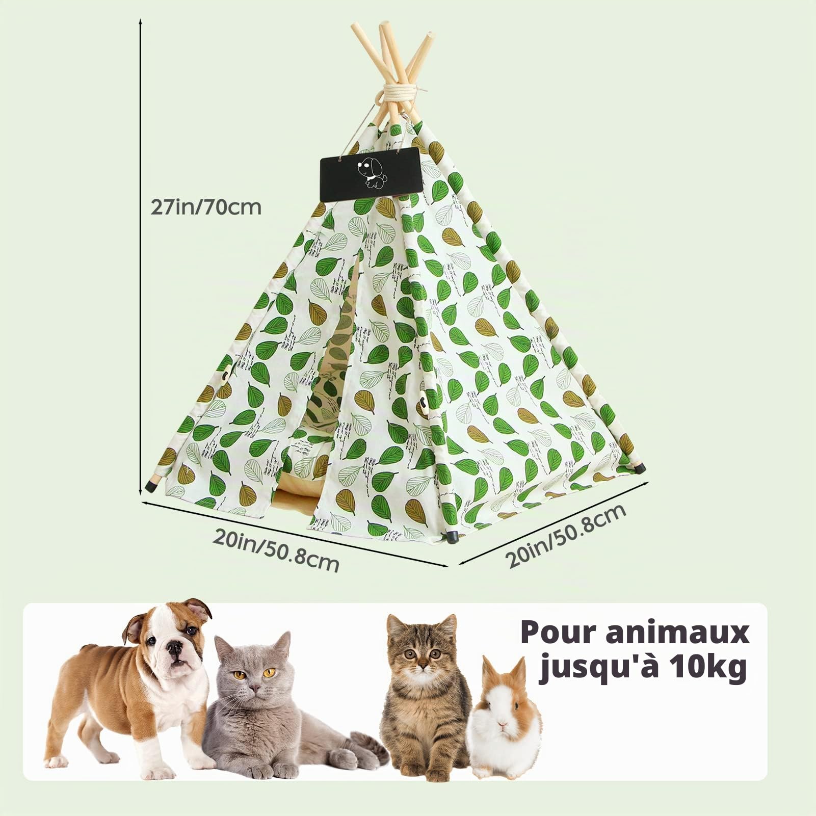 Tipi Chien Chat de Comgagnie avec Coussin,Tent Tipi de Luxe,Niche Chien et Chat Intérieur,Maisons pour Chat avec Petit Tableau Noir (Green Leaf)
