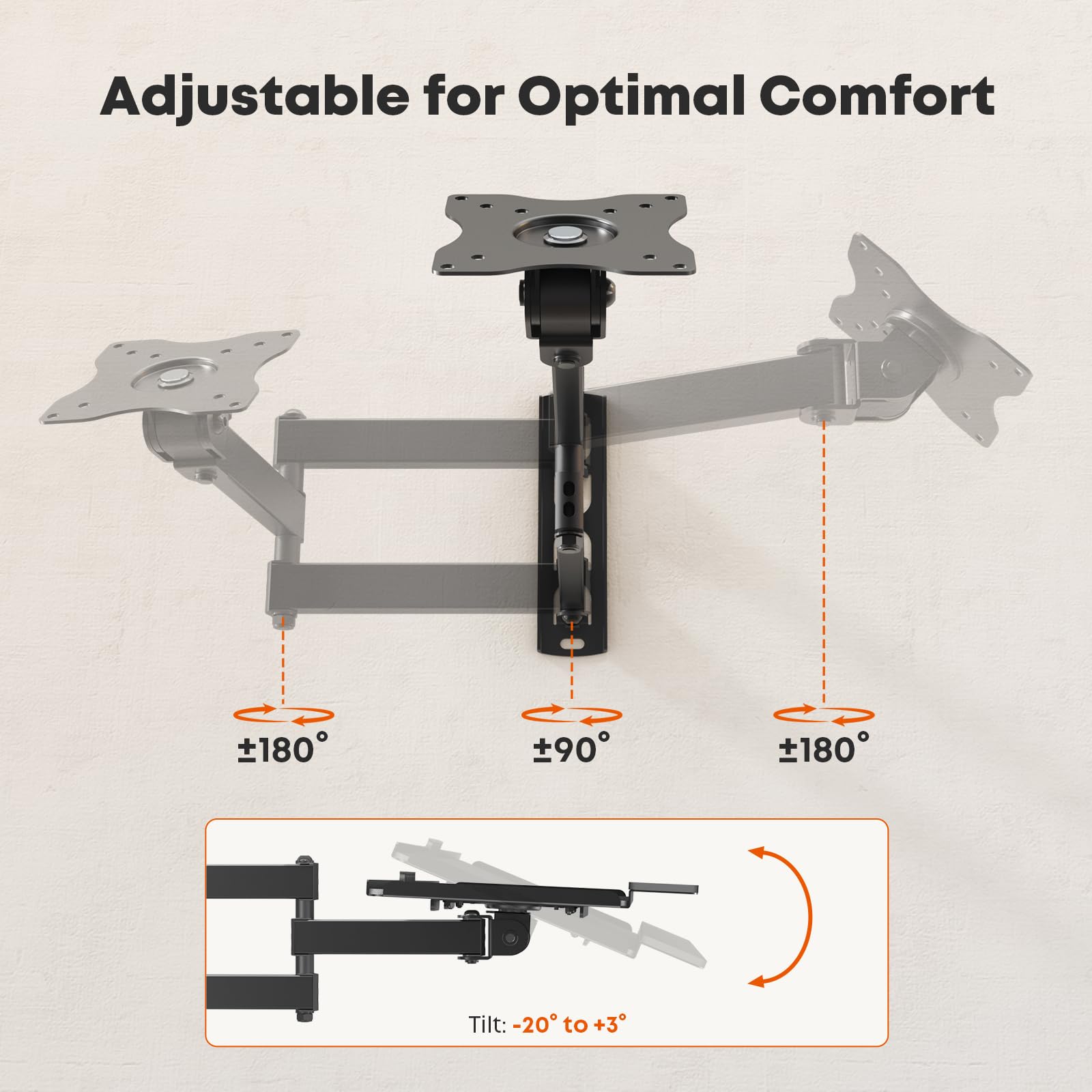PUTORSEN Supporto da parete per tastiera con braccio girevole – Supporta 9kg, inclinazione -20° a 3°, rotazione ±180°, ergonomico per home office e officina, nero
