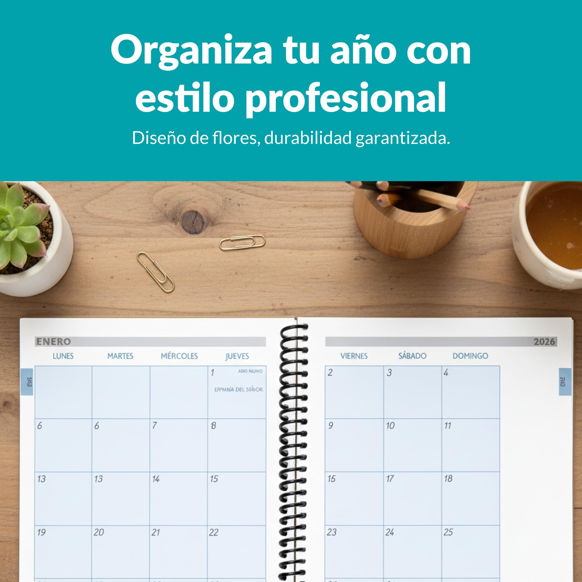 Agenda 2026 Semana Vista A5 Con Espiral Flexible 112 Páginas Enero A Diciembre Papel Premium 80g Tapas Plásticas Reforzadas Diseño Flores Color Azul Diario Planificador Mensual Profesional Ligera