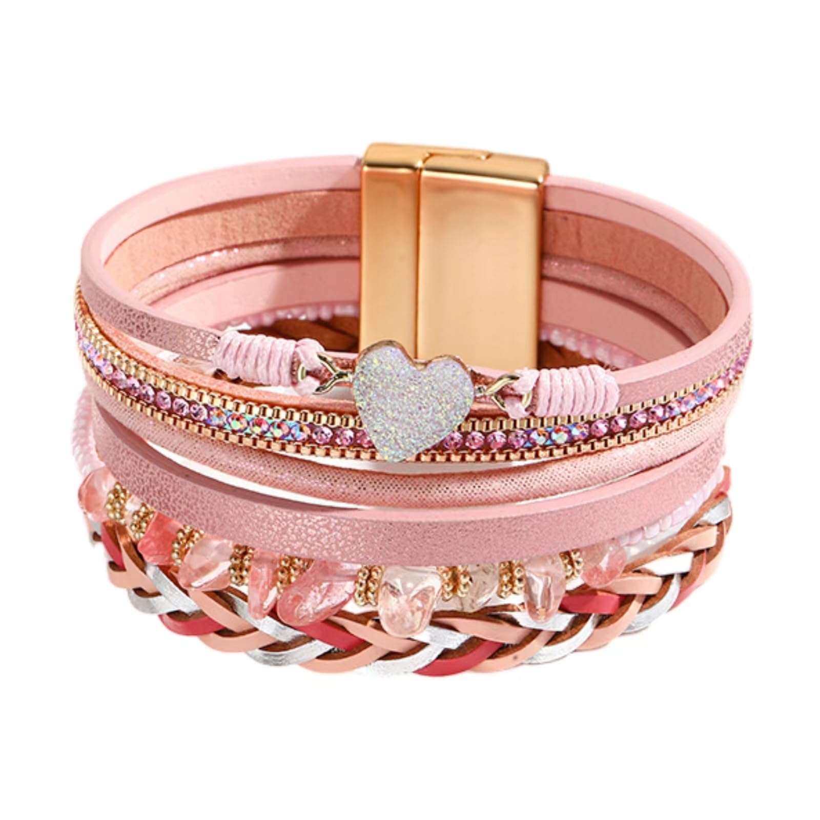 KunBead Sparkly Heart Leather Wrap Bracelets for Women Handmade Braided Boho Multilayer Bracelet Wristband Cuff Bangle Boho Bohemian