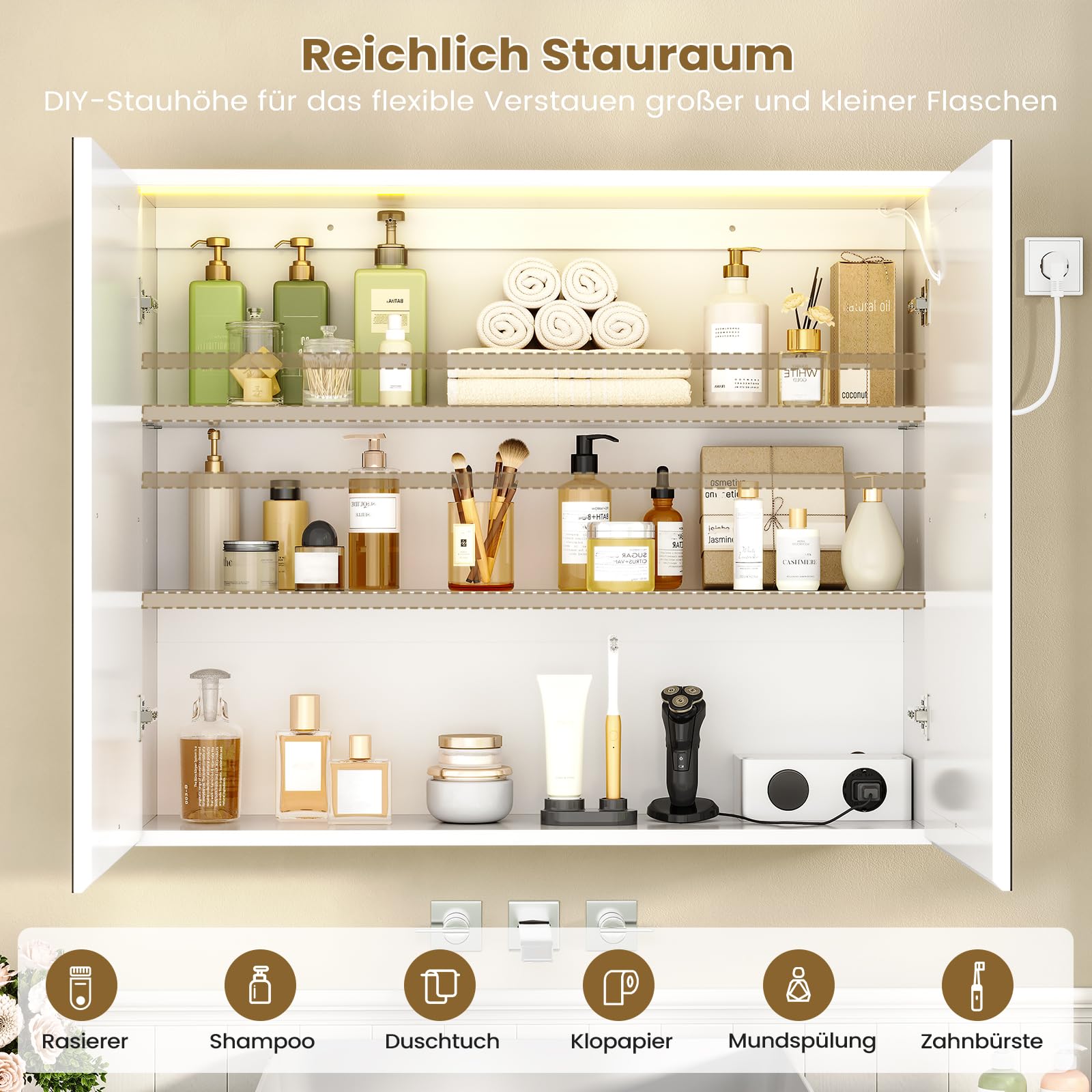 Spiegelschrank Bad mit LED-Beleuchtung und Steckdose 80x19,5x60 cm