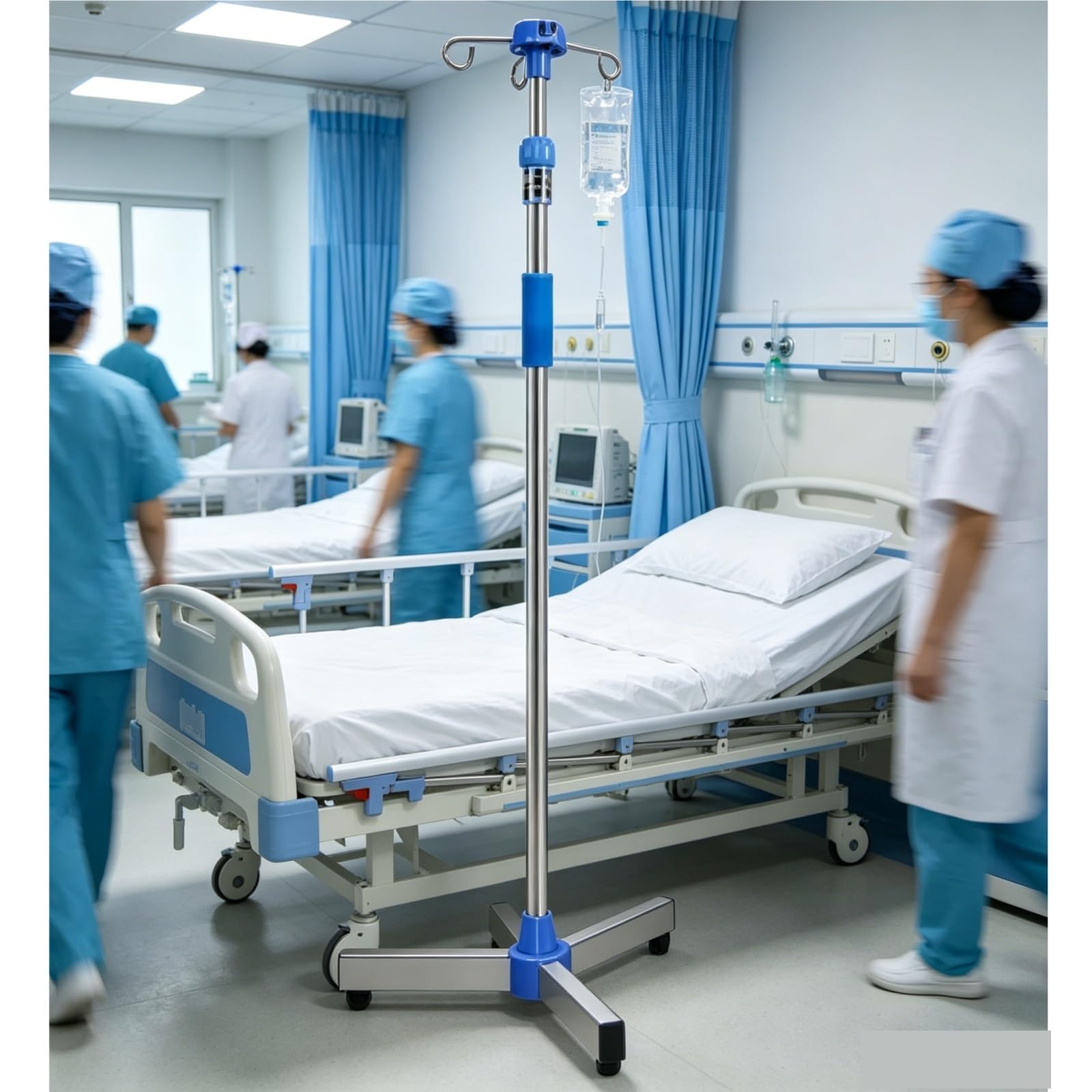 Soporte Porta Portasueros médico con ruedas, soporte intravenoso de altura ajustable de acero inoxidable con bandeja y ganchos for el hogar hospitalario portatil