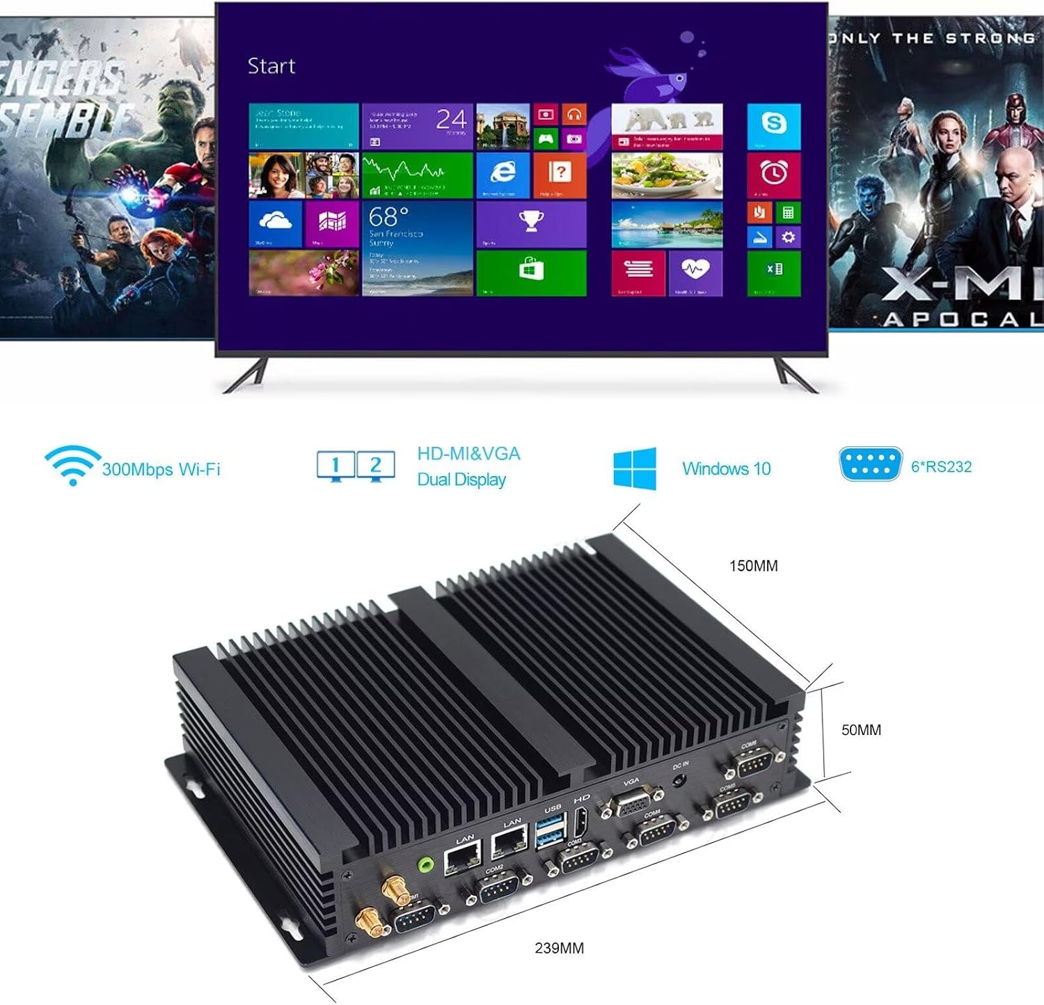 VENOEN Industrial Fanless Mini PC J4125,Win 10 pro,Micro Desktop Computer 8G DDR4 256G SSD,HD,VGA,2 RJ45 LAN,6 RS232/485 COM,WiFi,BT